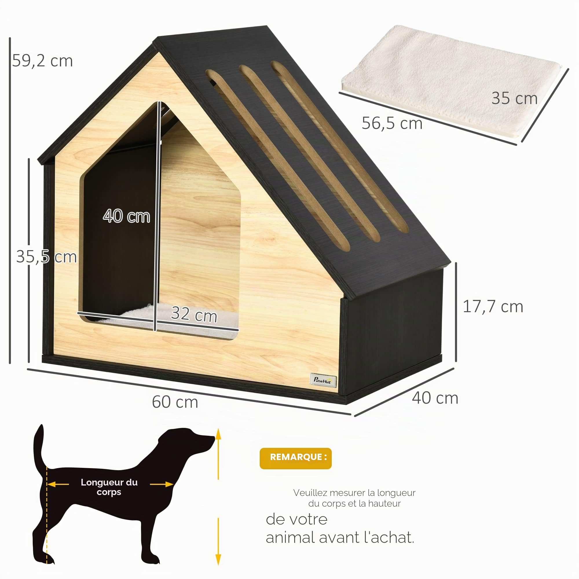 PawHut Niche pour chien en bois d'intérieur Cave à chat Maison pour chat Couchage pour chien avec coussin Maison pour chien Niche pour chien avec toit incliné pour petits chiens jusqu'à 8 kg 60 x 40 x