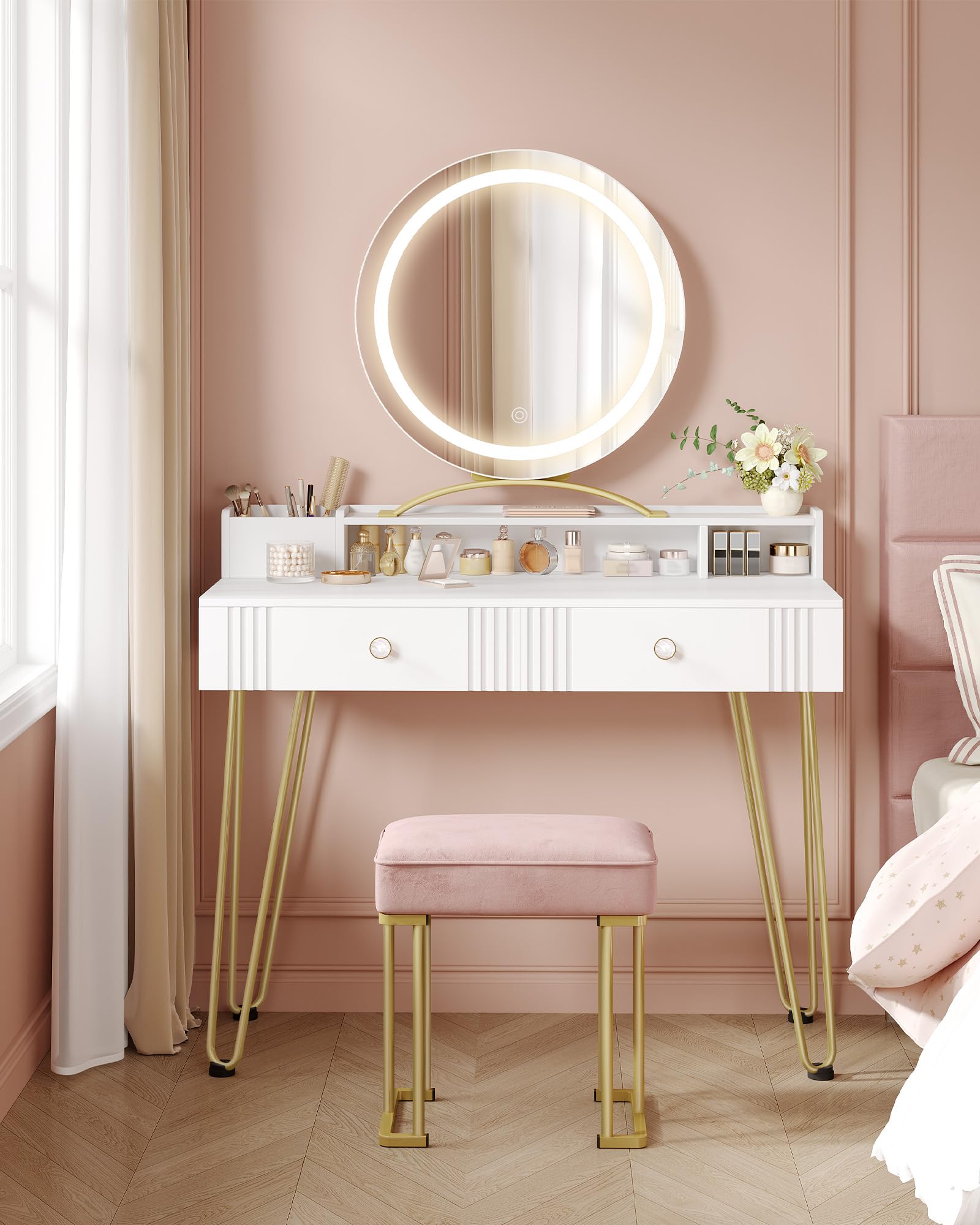 Hzuaneri toeletta trucco con Sgabello e Illuminazione, toeletta da trucco con specchio, Sgabello imbottito rosa, con Cassetti, 40 x 90 x 140 cm, Bianco Opaco e Oro DT42403XEU