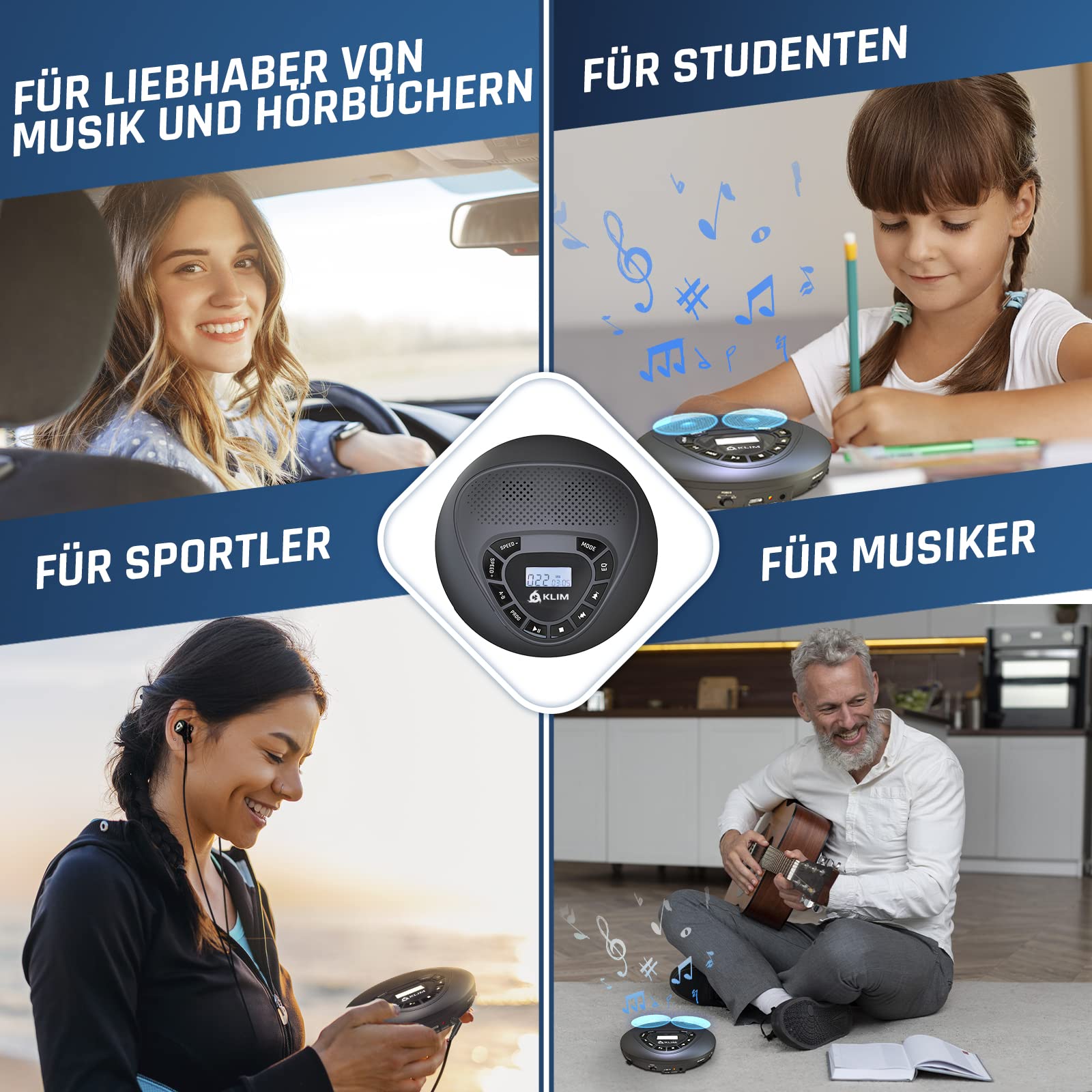 KLIM Speaker - CD Player mit Lautsprecher - NEU - Wiederaufladbarer Akku - Tragbarer CD-Spieler mit Kopfhörern - SD/TF-Karte - AUX - Idealer Auto-CD-Spieler - CD Player tragbar mit Lautsprecher