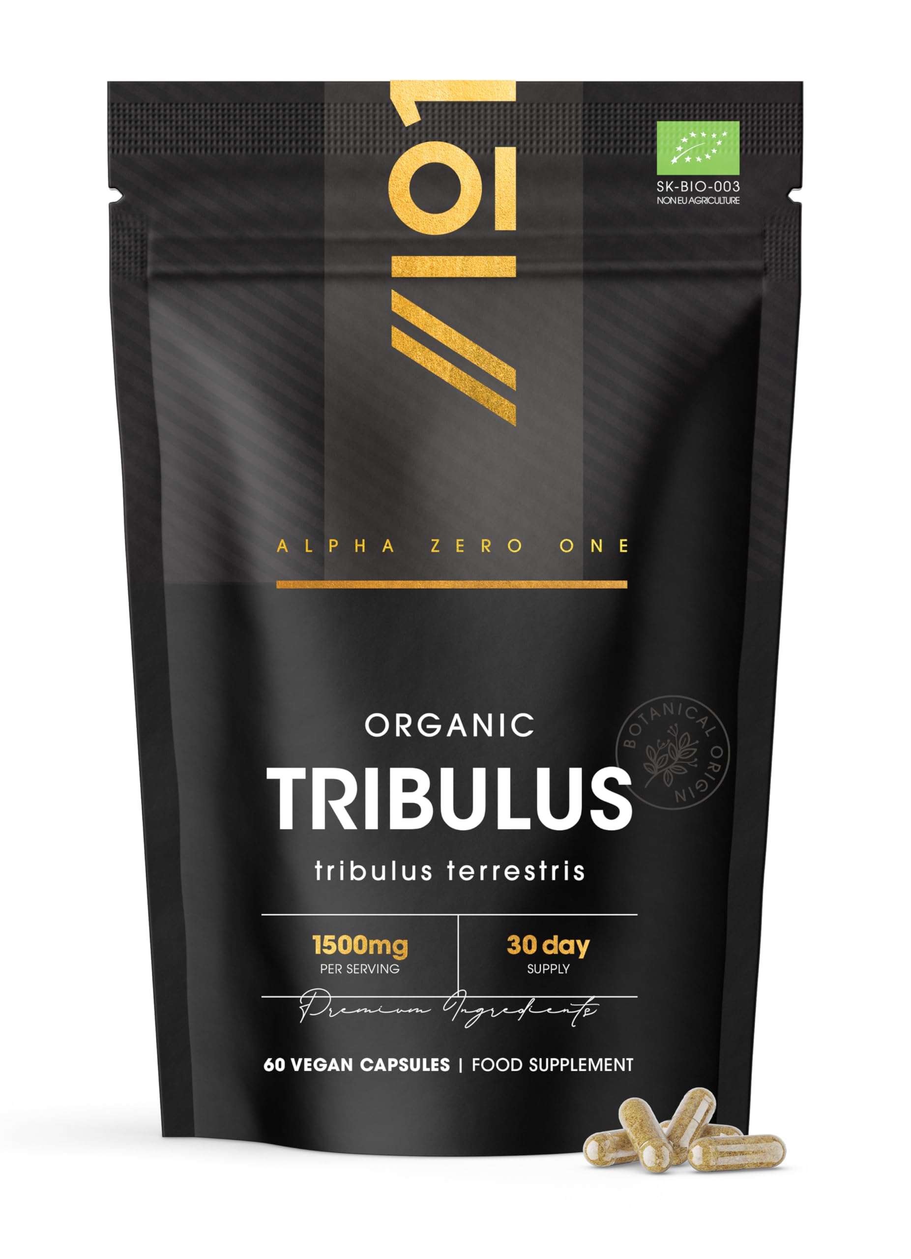 Organic Tribulus Tribulus 1500mg - 60 Vegan Capsules – Resealable and Recyclable Pouch by Alpha01