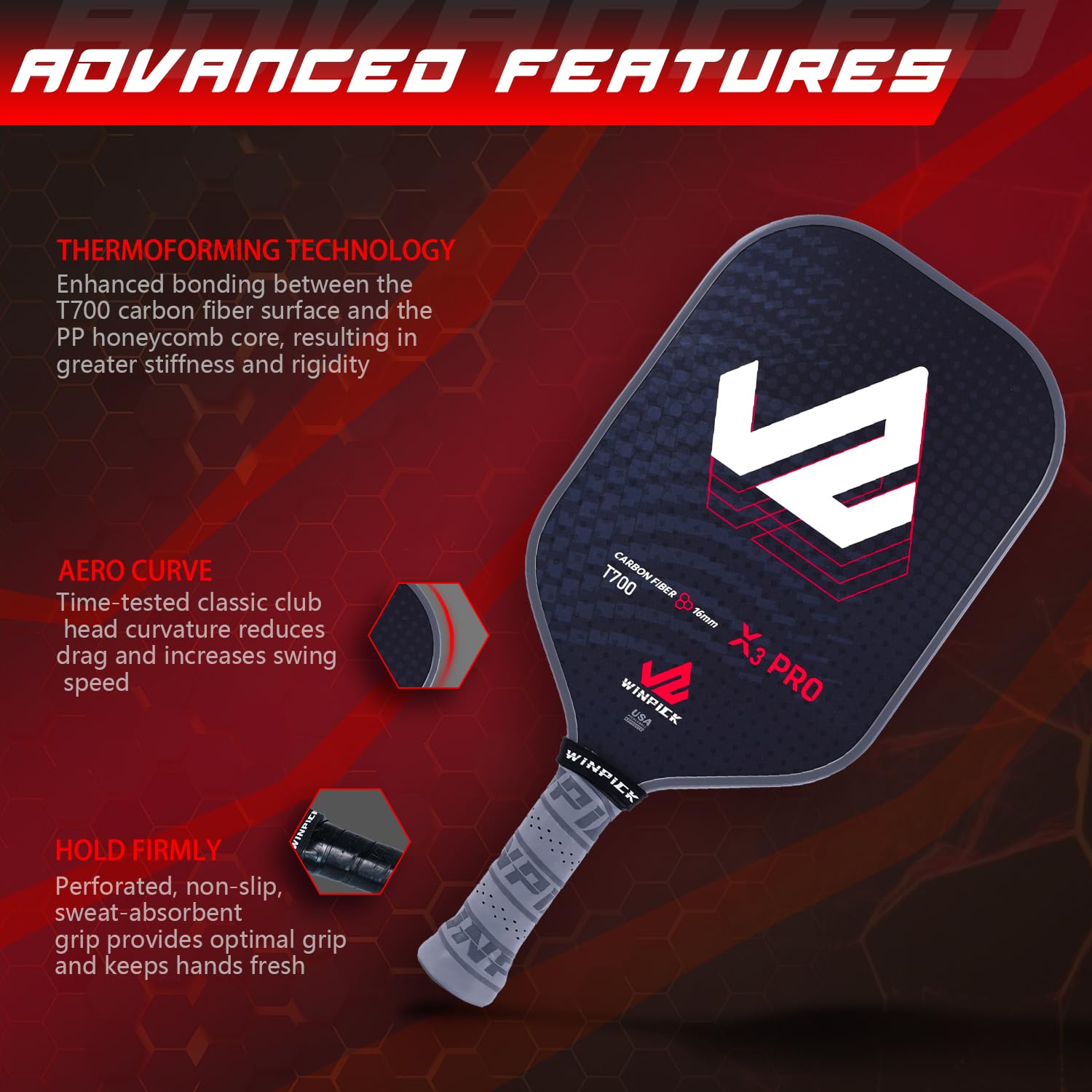 Racchetta per pickleball, superficie in fibra di carbonio T700 termoformata con pareti iniettate in schiuma, nucleo a nido d'ape in PP, controllo stabile delle prestazioni e potenza Pickleball