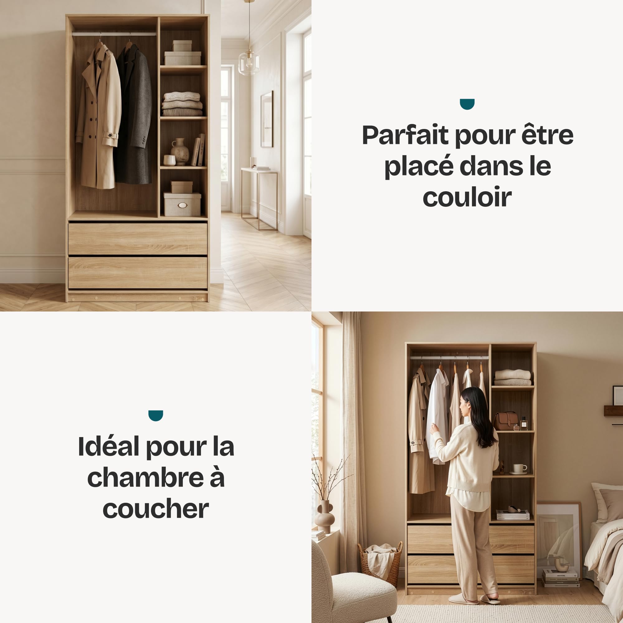 [en.casa] Armoire Ouverte Vippsaki avec 4 Compartiments de Rangement 2 Grands Tiroirs Barre de Penderie Stockage pour Chambre Dressing Portant à Vêtements 200 x 100 x 50 cm Effet Chêne