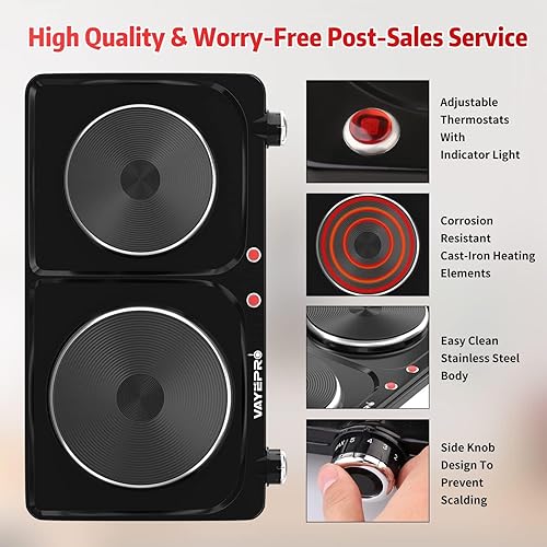 Miniatura 4 de Placa caliente para cocinar, estufa eléctrica portátil Vayepro de 1800 W, doble quemador eléctrico para cocinar, certificación UL, placa de cocina