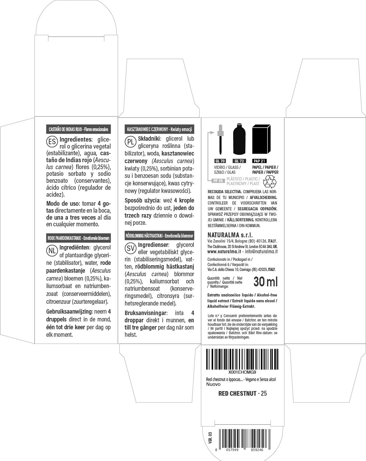 Red chestnut o Castaño de Indias rojo (Aesculus carnea) Flores emocionales o Flores de Bach Naturalma - Gotas 30 ml - Extracto líquido sin alcohol - Esencias florales - Vegano