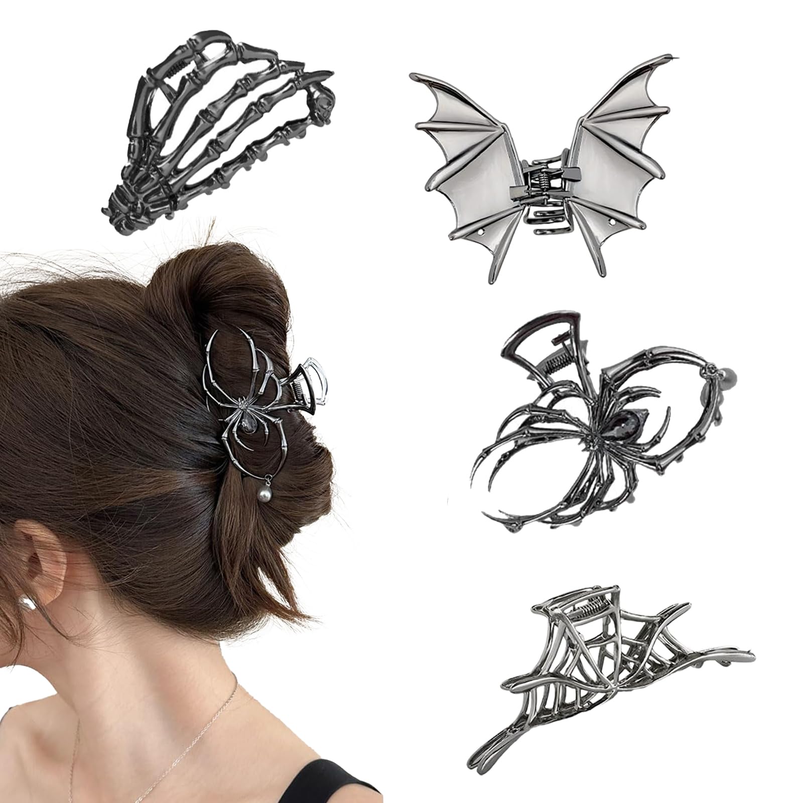 Xanthelle Claw Clip, Set of 4 Gothic Halloween Metal Hair Clips, Spider Bat Ghost Hand Web, Y2K Grunge Hair Accessories