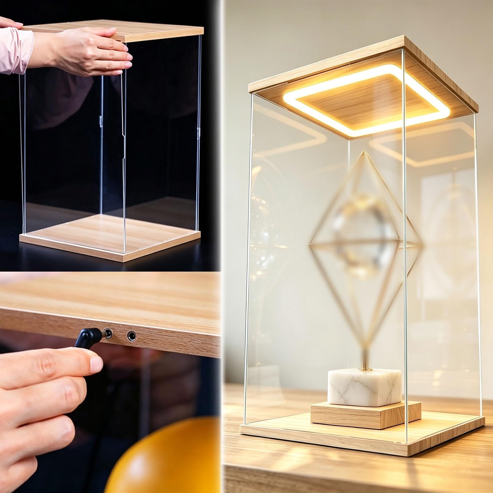 Vibeo Cajas de Metacrilato Montar Vitrina de Acrílico con Puerta y Luz, Caja de Acrílico con Acabado de Madera 20-60 cm, Vitrina Transparente Antipolvo para Figuras, Trofeos | 15x15x45cm/6x6x18in