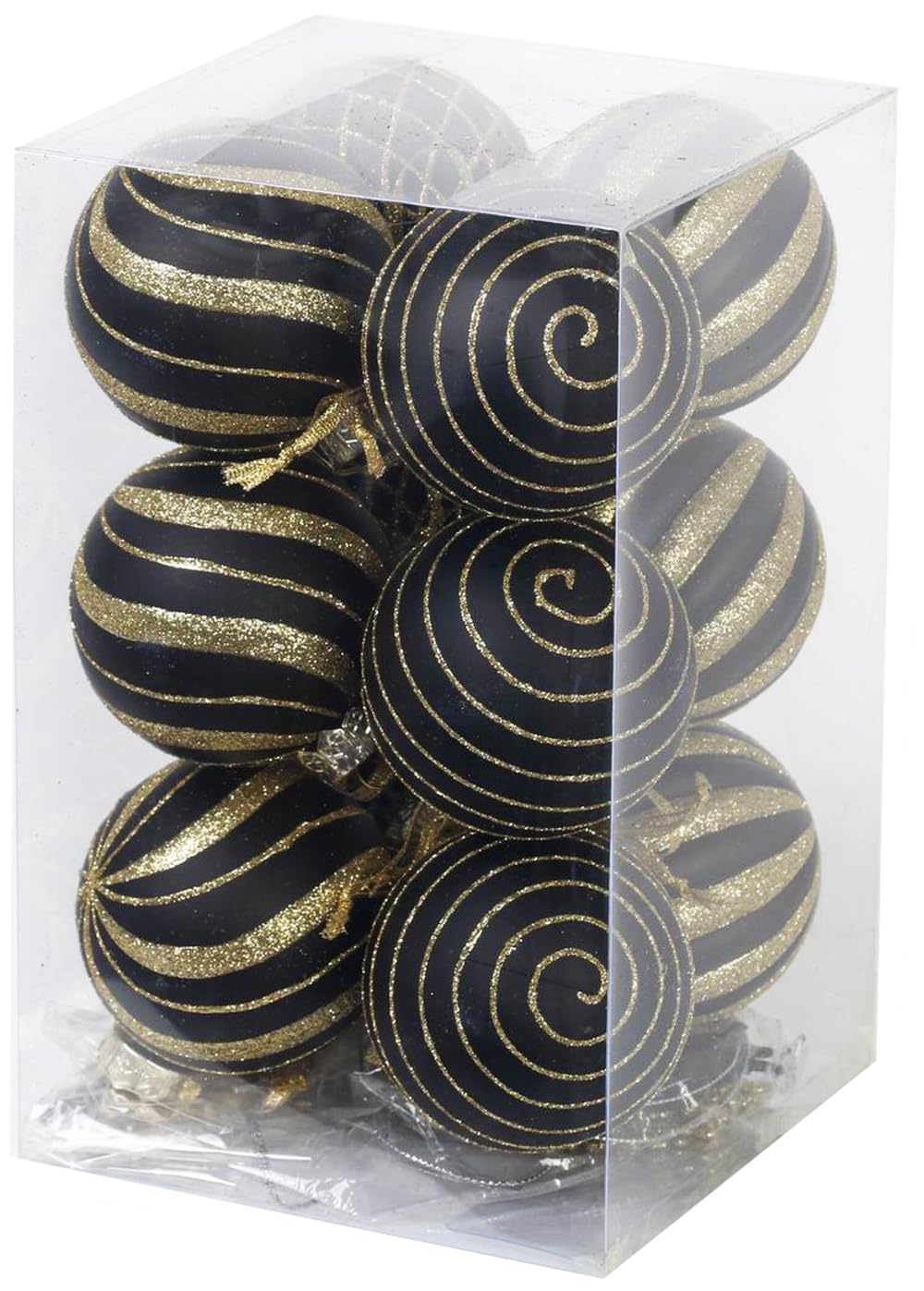 28pk Black Gold Christmas Baubles for Tree Decorations - Holiday Xmas Shatterproof Plastic Ball Ornaments, Icicles and Snowflakes Set