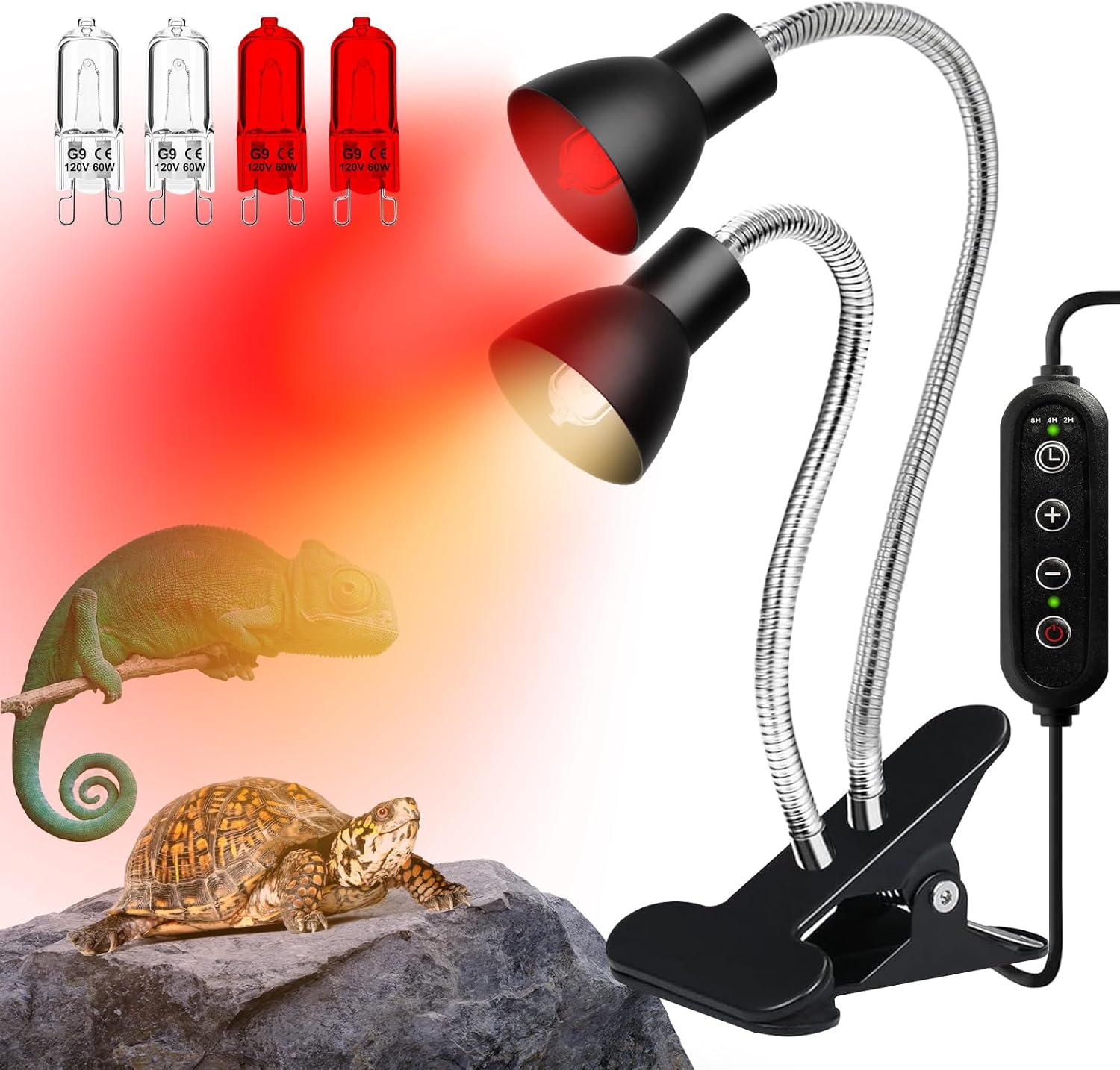 Heat Lamp for Reptile,UVA UVB Light for Turtle,Bearded Dragon Basking Light Bulbs,Dimmable 360°Gooseneck UV Heating Lamp W/ G9 Mini Halogen Bulbs 60W (White*2，Red*2) for Tortoise/Snake/Lizard