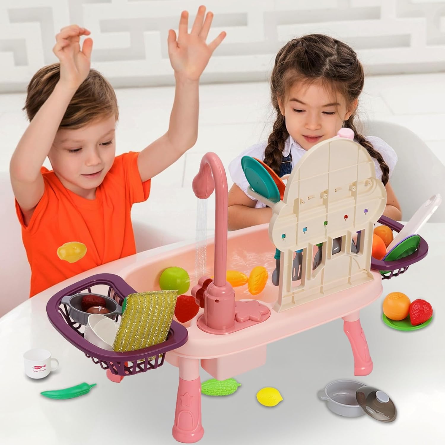 Fregadero Cocina Juguete con Agua,Lavaplatos Eléctrico Playhouse,RECirculación Automática del Agua,Regalo para niños pequeños y niñas 3+