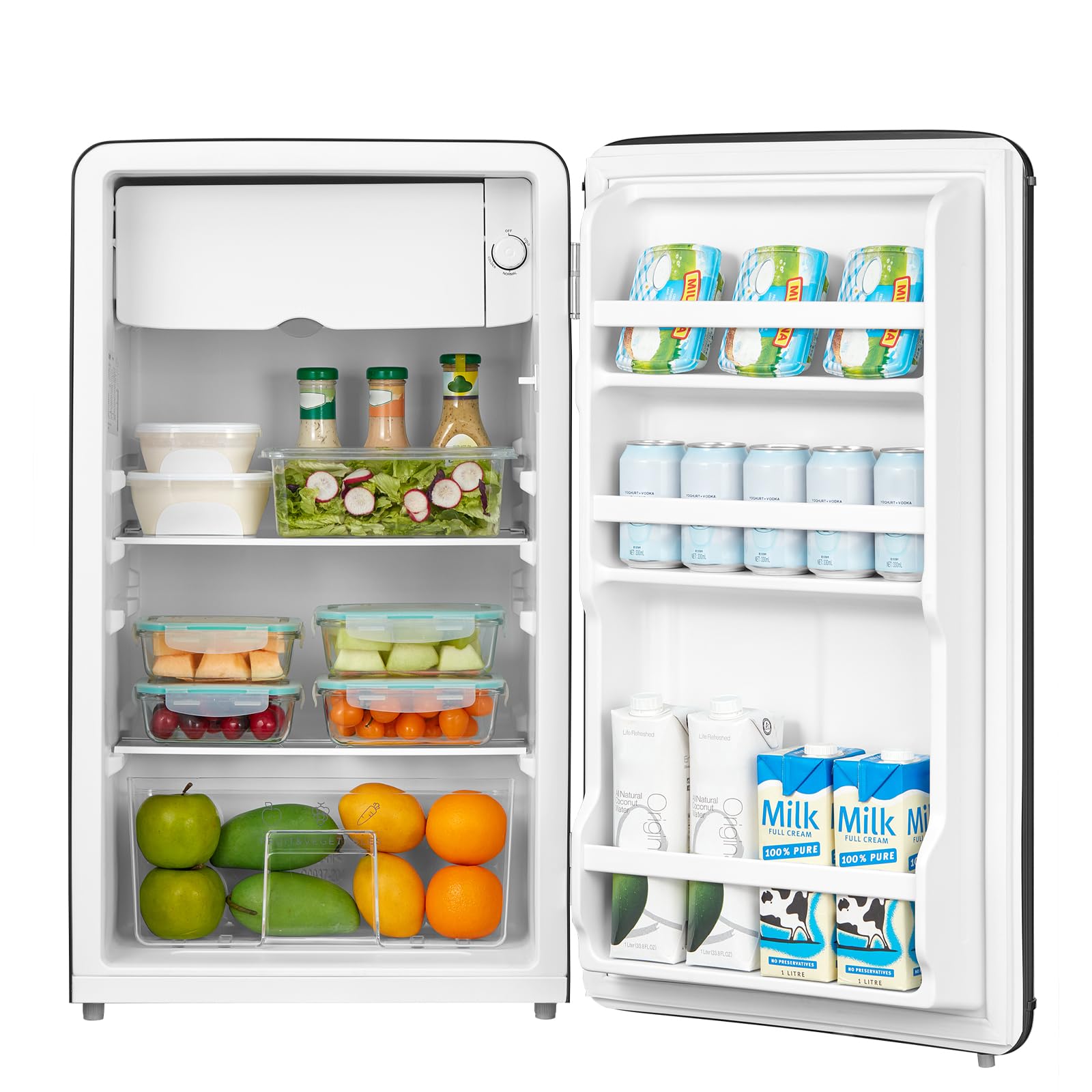 Comfee' 93L Refrigerador Bajo Encimera, Diseño Retro, Negro | Independiente con Compartimento Enfriador, Termostatos Ajustables, Luz LED, Ideal para Hogar y Oficina