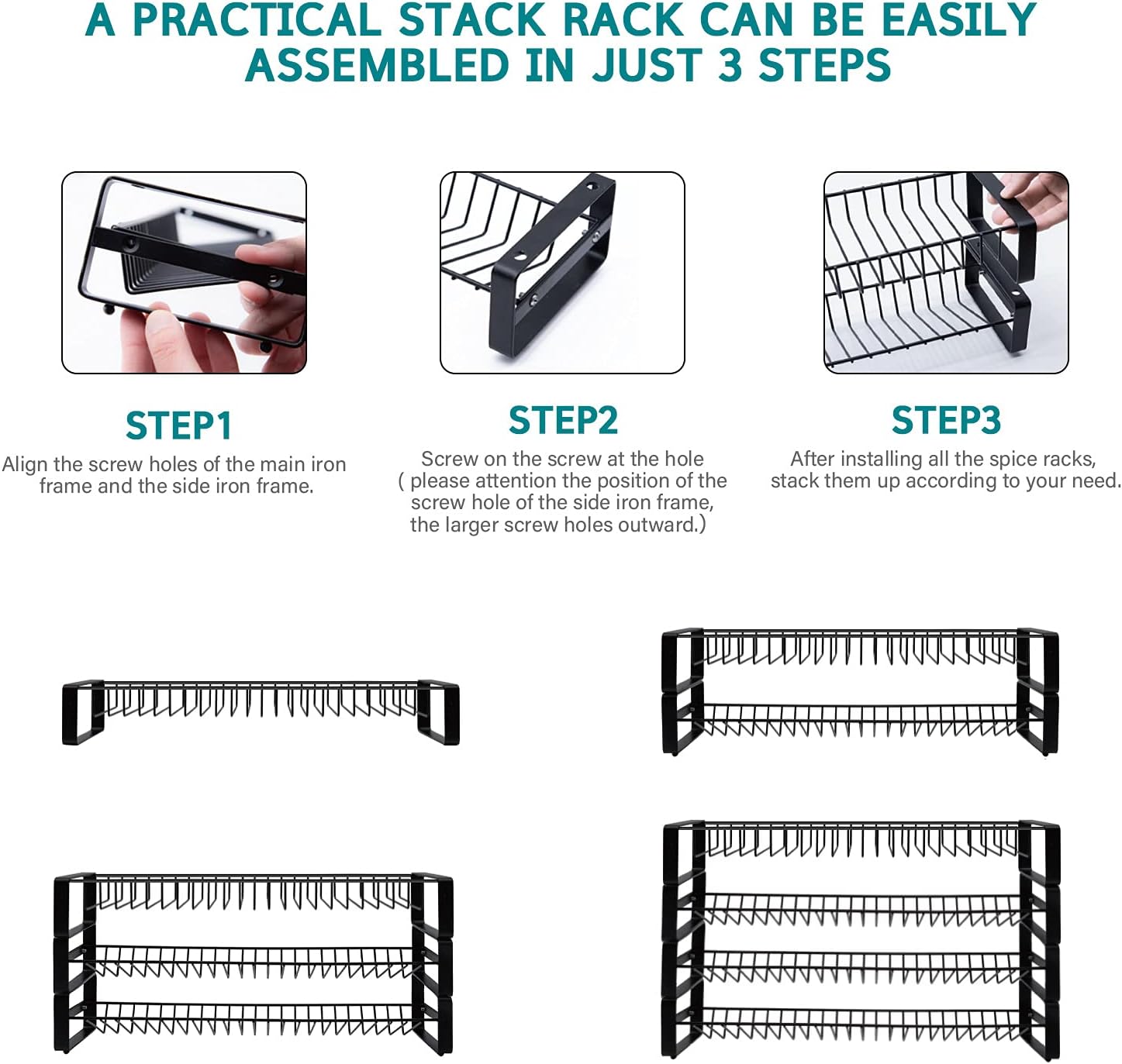 Spice Rack Organizer for Cabinet, 4 Tier Stackable Seasoning Rack Organizer, Detachable Countertop Spice Rack, Freestanding Spice Jar Organizer, Black Frosted Iron Kitchen Counter Shelf : Home & Kitchen