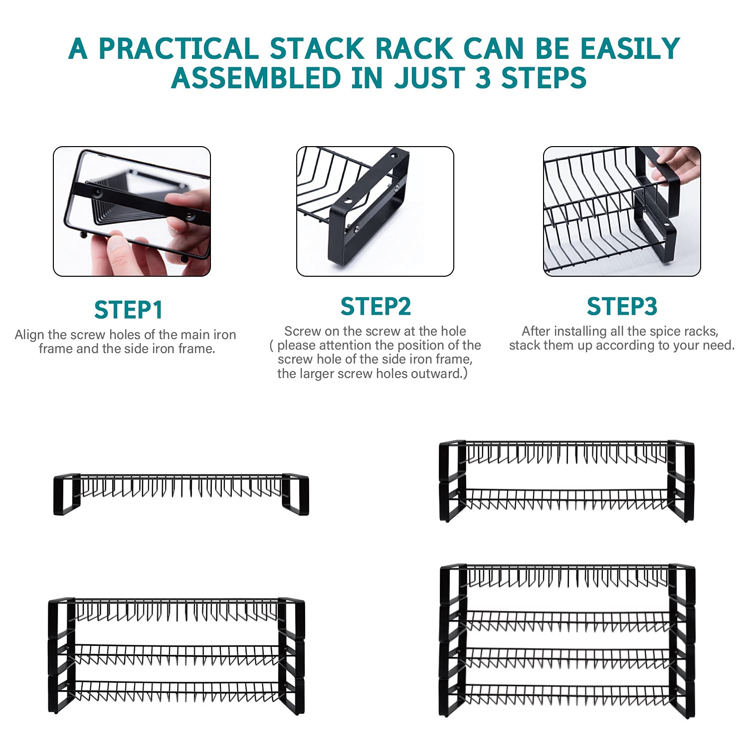 JONYJ 4-Tier Stackable Spice Rack - Detachable Black Frosted Iron Organizer For Kitchen, Bathroom & More - View #2