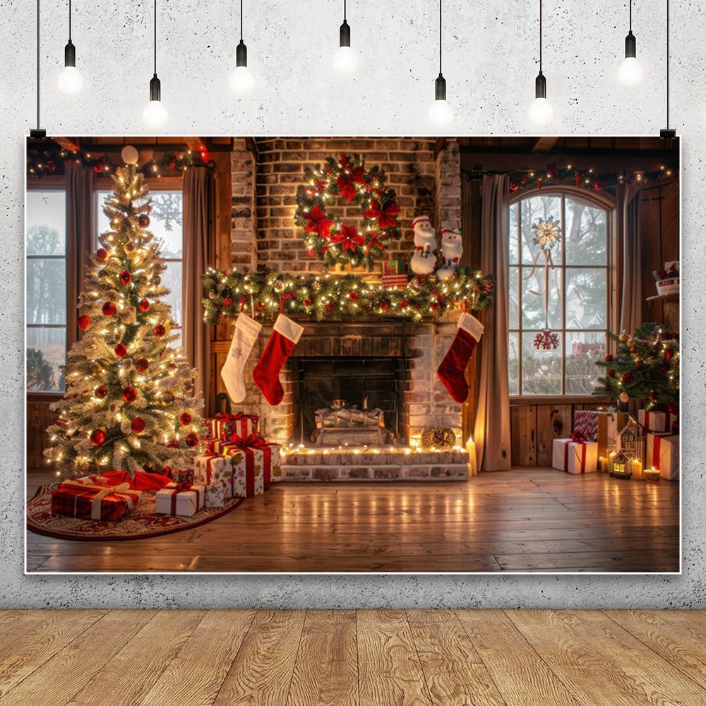 Toile de Fond cheminée Noël Ttincceer 3.5x2.5m, Arbre de Noël Lumineux, Mur de Briques, Plancher en Bois, arrière-Plan Photo, scène de fenêtre, décoration de fête, bannière