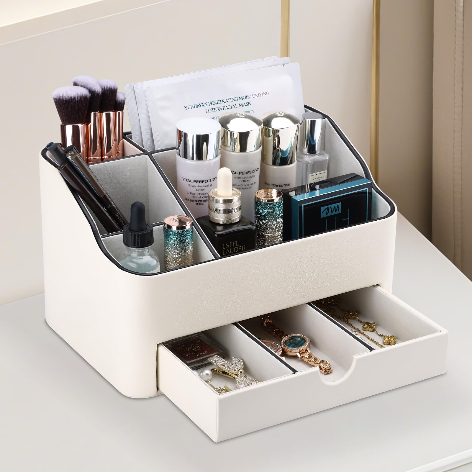 KINGFOM Make-up-Organizer aus PU-Leder mit Schublade, Hautpflege-Organizer für Schminktisch, Kosmetikaufbewahrung für Kommode, Arbeitsplatte, Beauty-Halter für Lippenstift, Pinsel, Hautpflege
