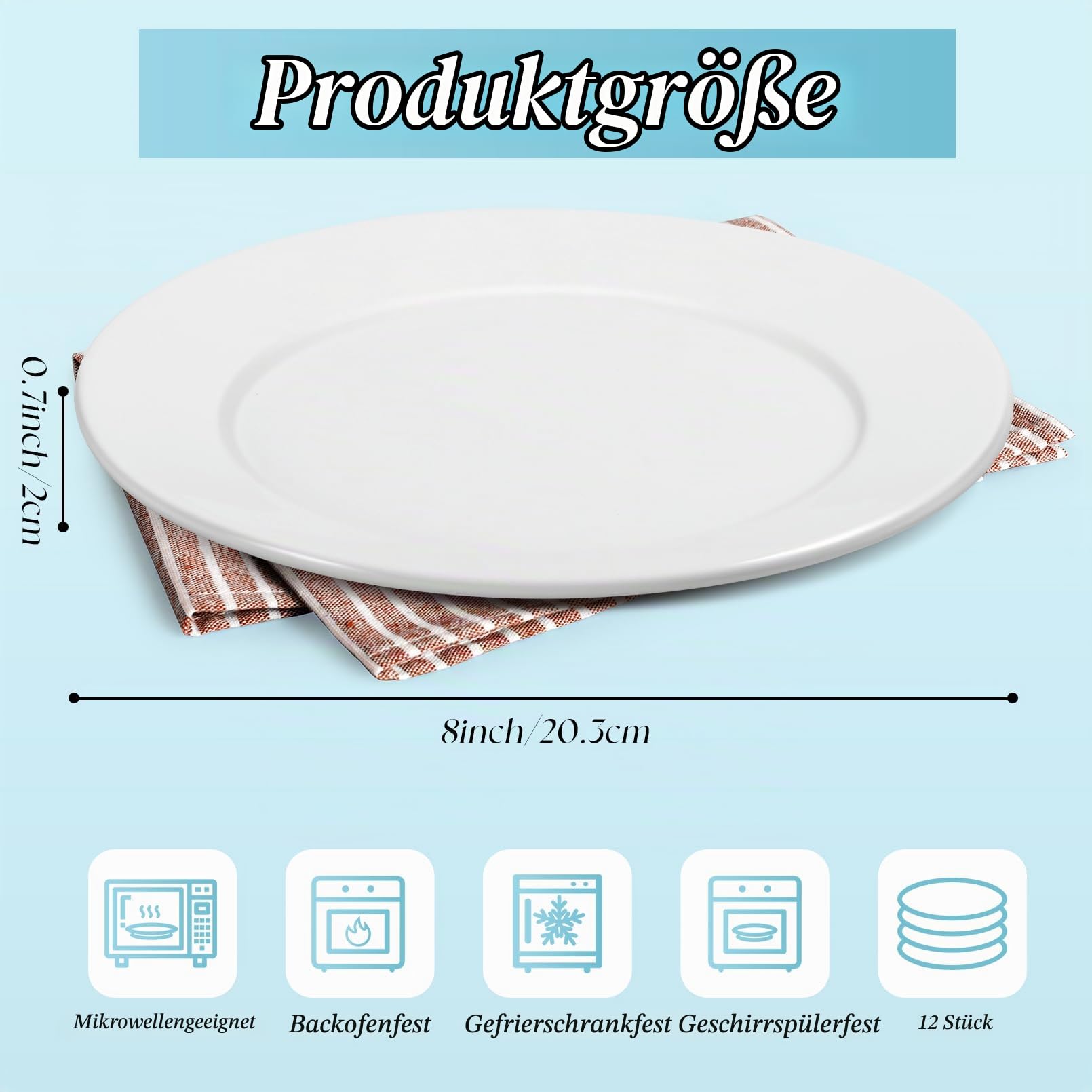 12 Stück Dessertteller, Keramik Teller Set, 20,5 Cm, Weiß, Rund