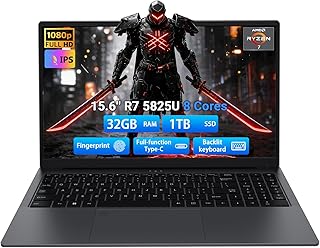 2025 Gaming Laptop 15.6 In Laptop Computer with AMD Ryzen 7 5825U Processor, 32GB DDR4, 1T SSD, FHD Display 1920*1080P, W- 11 PRO, with Fingerprint Sensor &amp; Backlit Keyboard (5825U, 32GB+1TB) product image