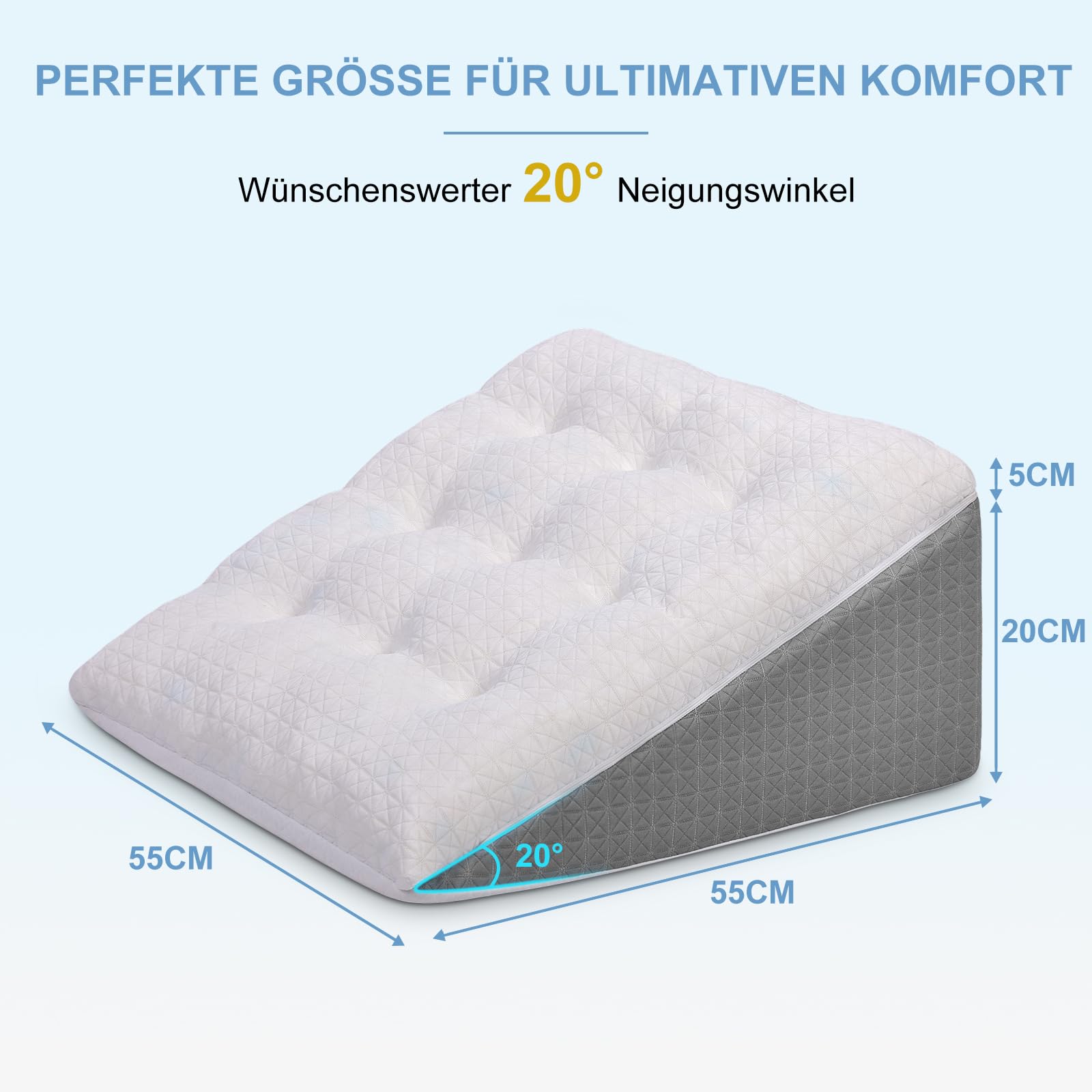 Keilkissen für Bett und Sofa-Doppelte Lage Memory Schaum Lesekissen-Ergonomischer Bettkeil für Reflux Schlafapnoe, Perfekt Rückenkissen für Rückenunterstützung beim Spielen -55X55X25cm
