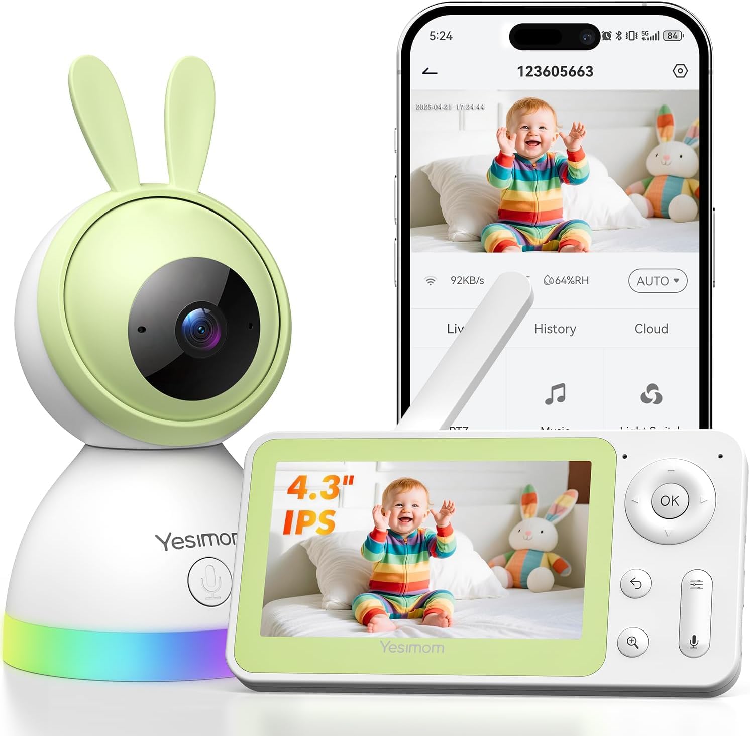 Monitor de bebé de 1080p con pantalla de 4.3 pulgadas, cámara portátil sin WiFi y WiFi de modo dual, batería de larga duración, seguimiento automático de 360°, detección de movimiento, alerta