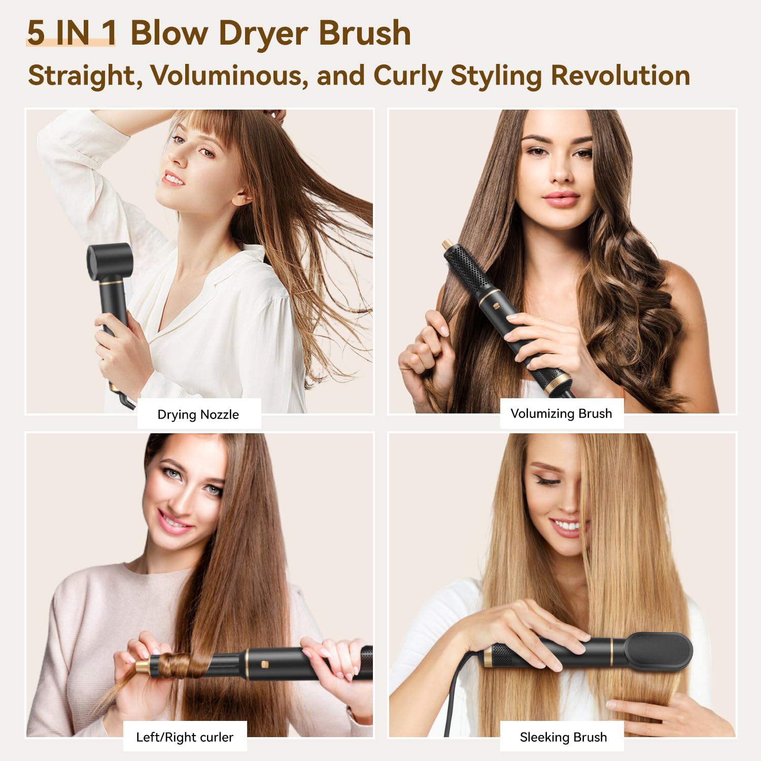 JINYAWA Cepillo Secador de Pelo, cepillo moldeador de pelo, cepillo alisador pelo, 5 Cabezales, Cepillo de Aire Caliente, Iones Rizador, Elimina el Frizz, 3 Temperaturas,para Seca Alisa Volumen