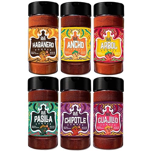 OLÉ RICO - Paquete variado de coctelera de polvo de Chile Ancho Guajillo Chile de Arbol Chipotle Morita Pasilla Habanero 4 onzas paquete de 6