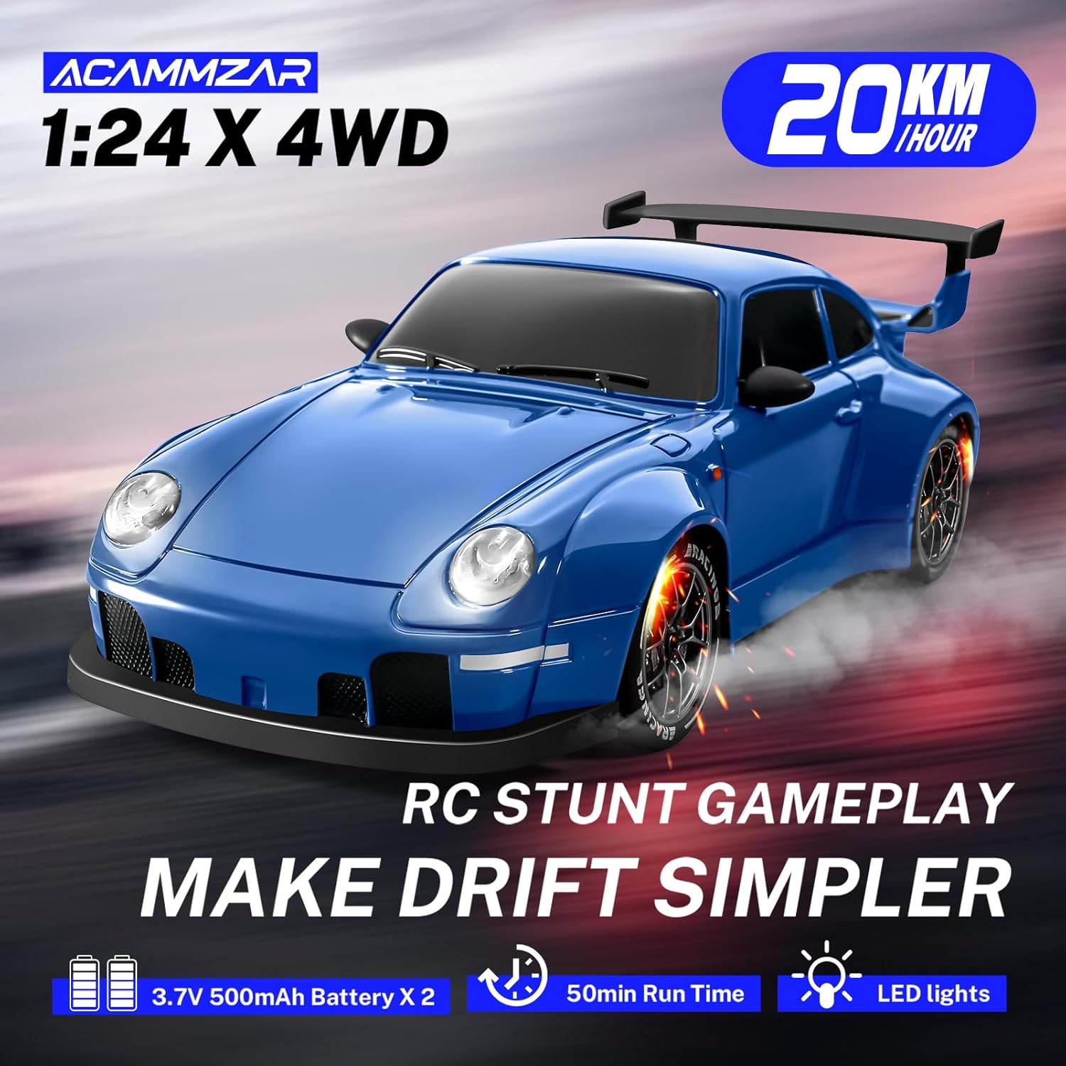 ACAMMZAR RC Drift Car, 1:24 Remote Control Car for Kids, 20KM/H 4WD High Speed RC Cars with LED Lights, Two Batteries, Extra Drifting Tires, Vehicle for Adults Boys Girls, Blue