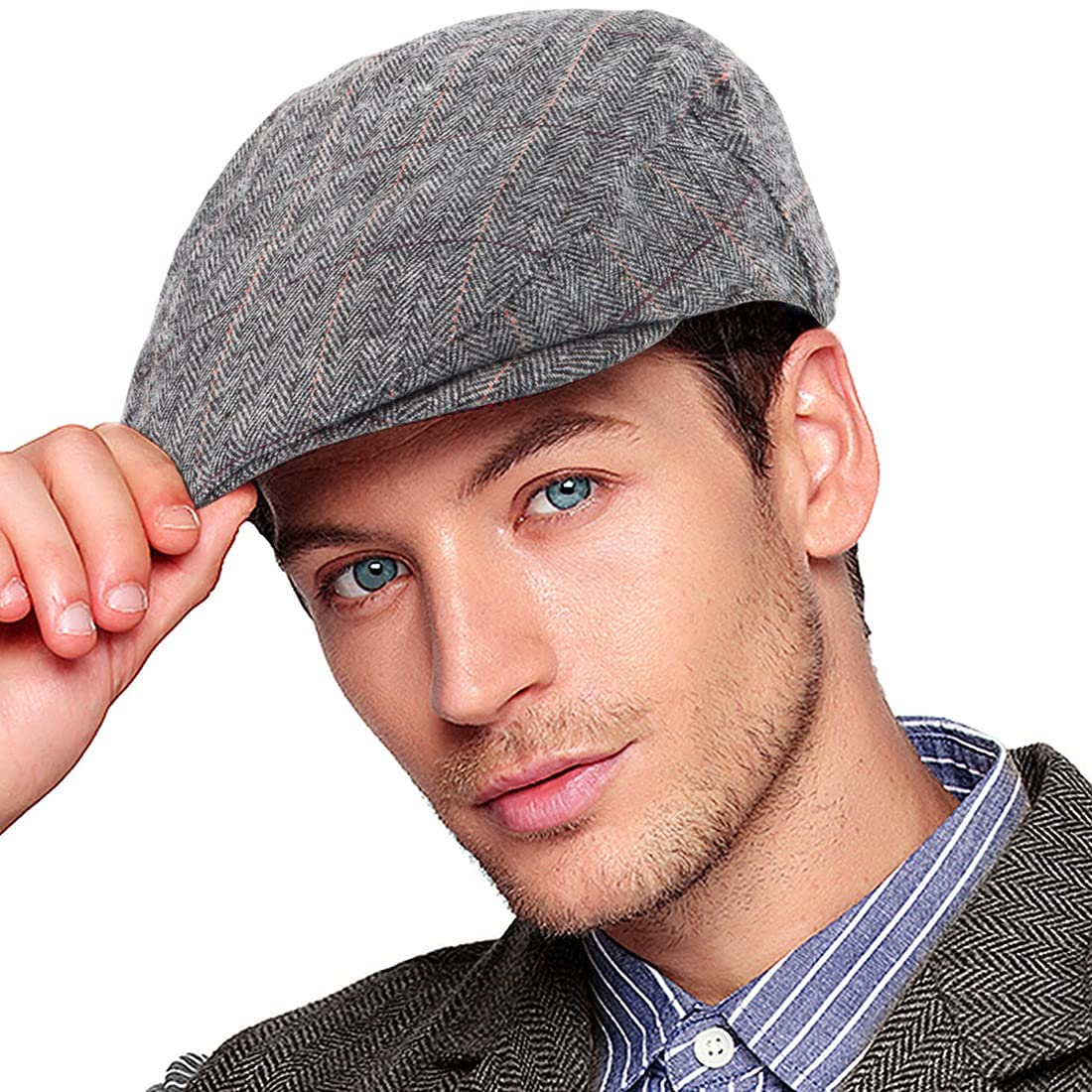 Herringbone Flat Ivy Newsboy Cap for Men Classic Wool Blend Tweed Cabbie Hat
