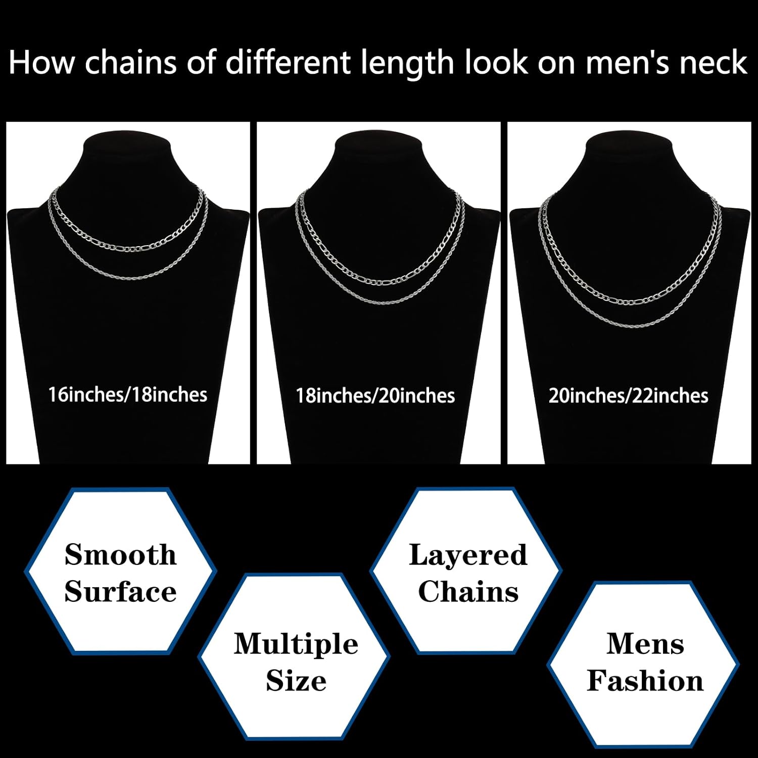 Layered Stainless Steel Chain Necklaces for Men Boys, 2Pcs Cuban Link/Rope/Herringbone Chains Jewelry Gifts, 16 "/18 ", 18 "/20 ", 20 "/22 ", 22 "/24 " - Image 5