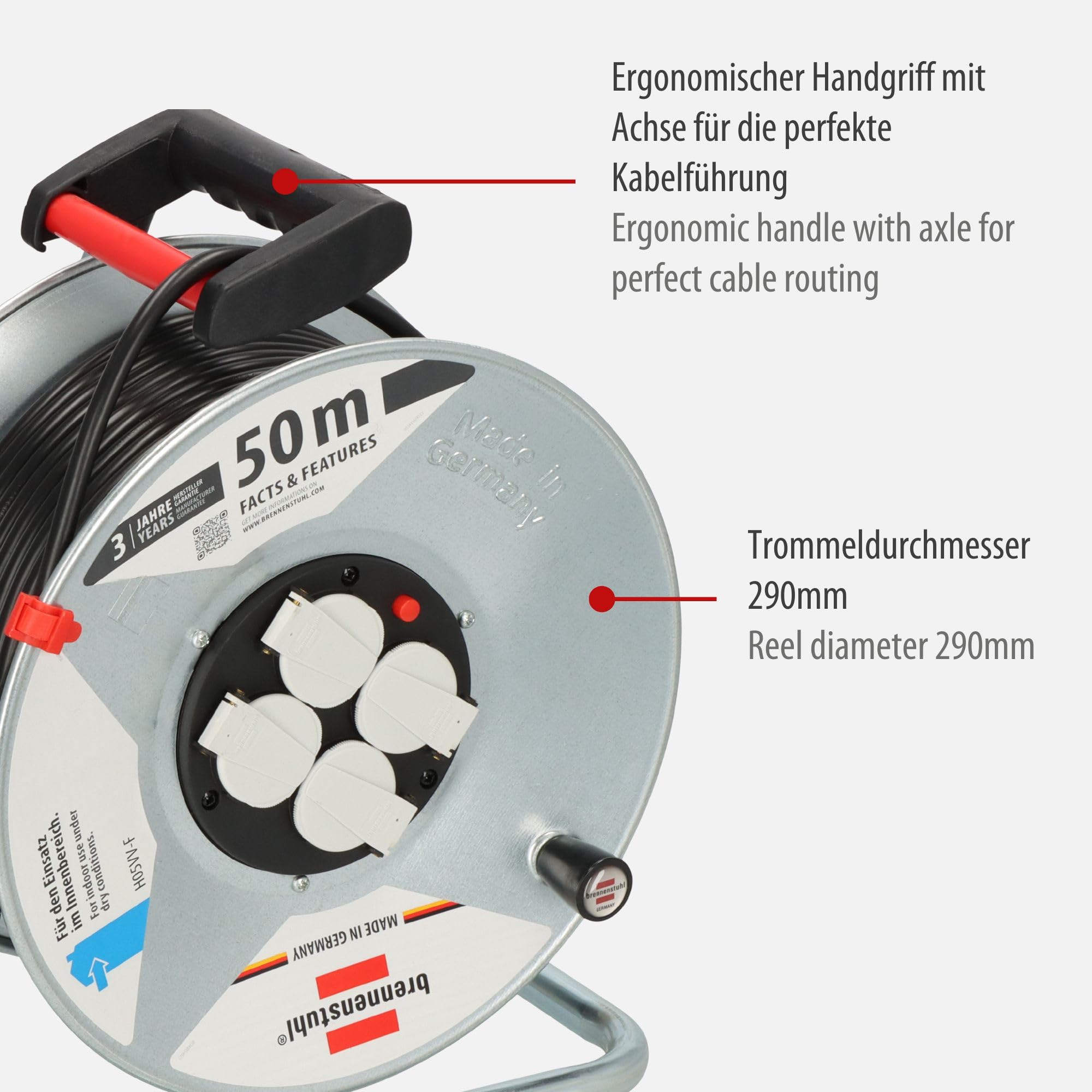 Brennenstuhl Garant S IP44 Kabelhaspel 25m - Robuust Plaatstaal, Permanent Buiten Gebruik, Made In Germany - Zilver