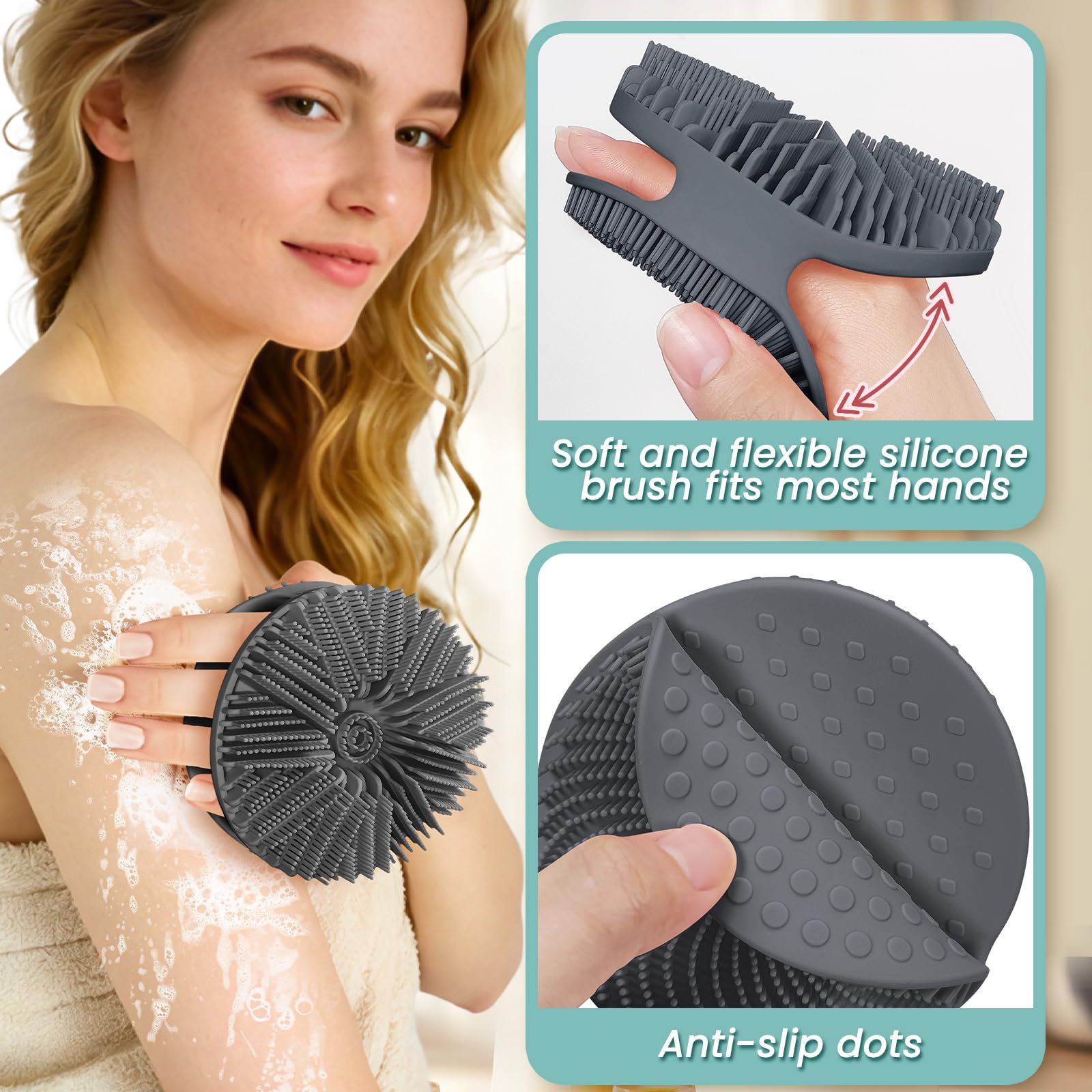 Manmihealth Zestaw silikonowej myjki do pleców i miękkich rękawiczek kąpielowych, 4 szt. (cienkie włosie), super złuszczający peeling do ciała i super spieniająca się szczotka do twarzy pod prysznic,