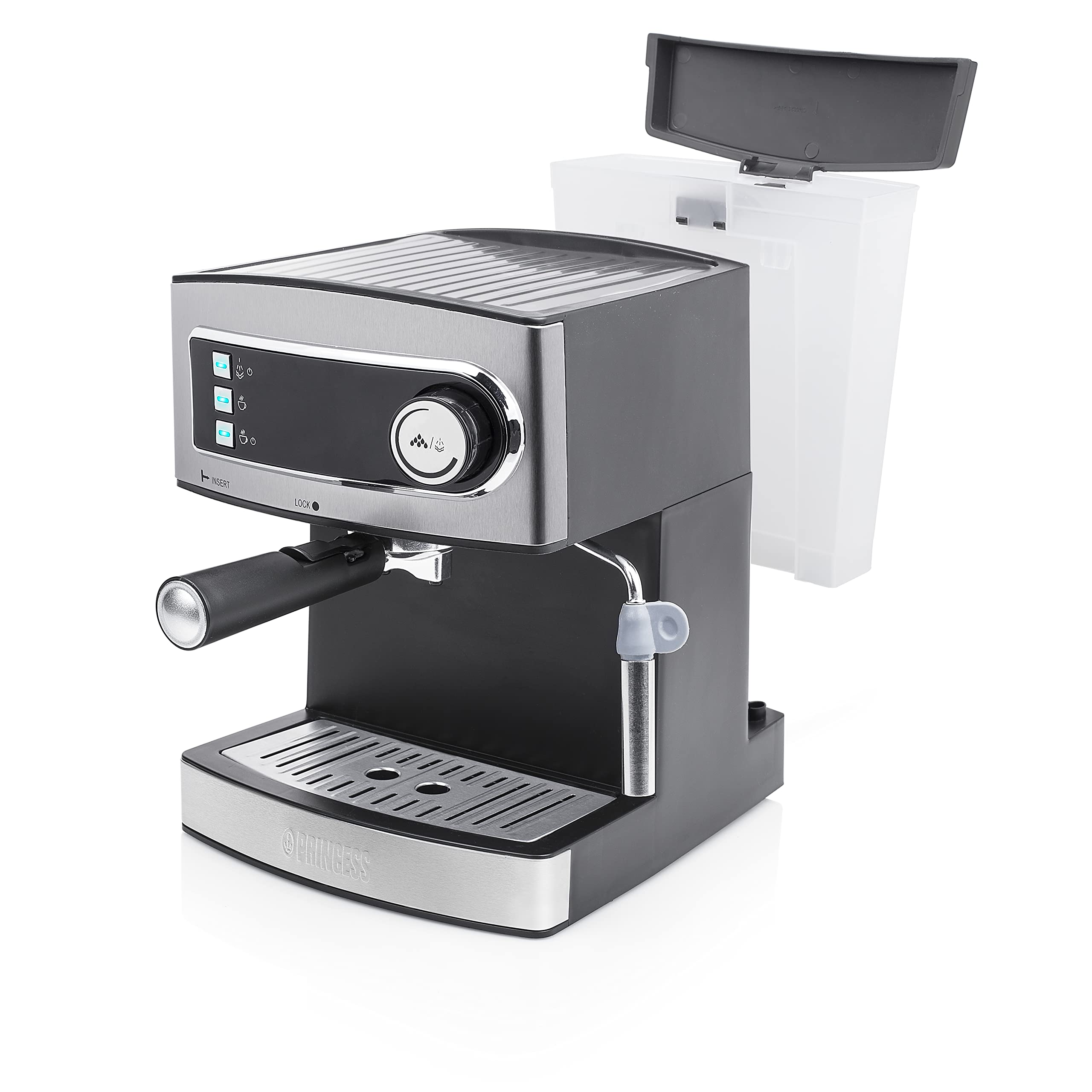 Princess 249407 Máquina de café Espresso, 15 bares de presión, depósito de agua extraíble de 1.6 l, vaporizador de leche para Capuccino o Latte Macchiato, 850 W, Plateado y Negro