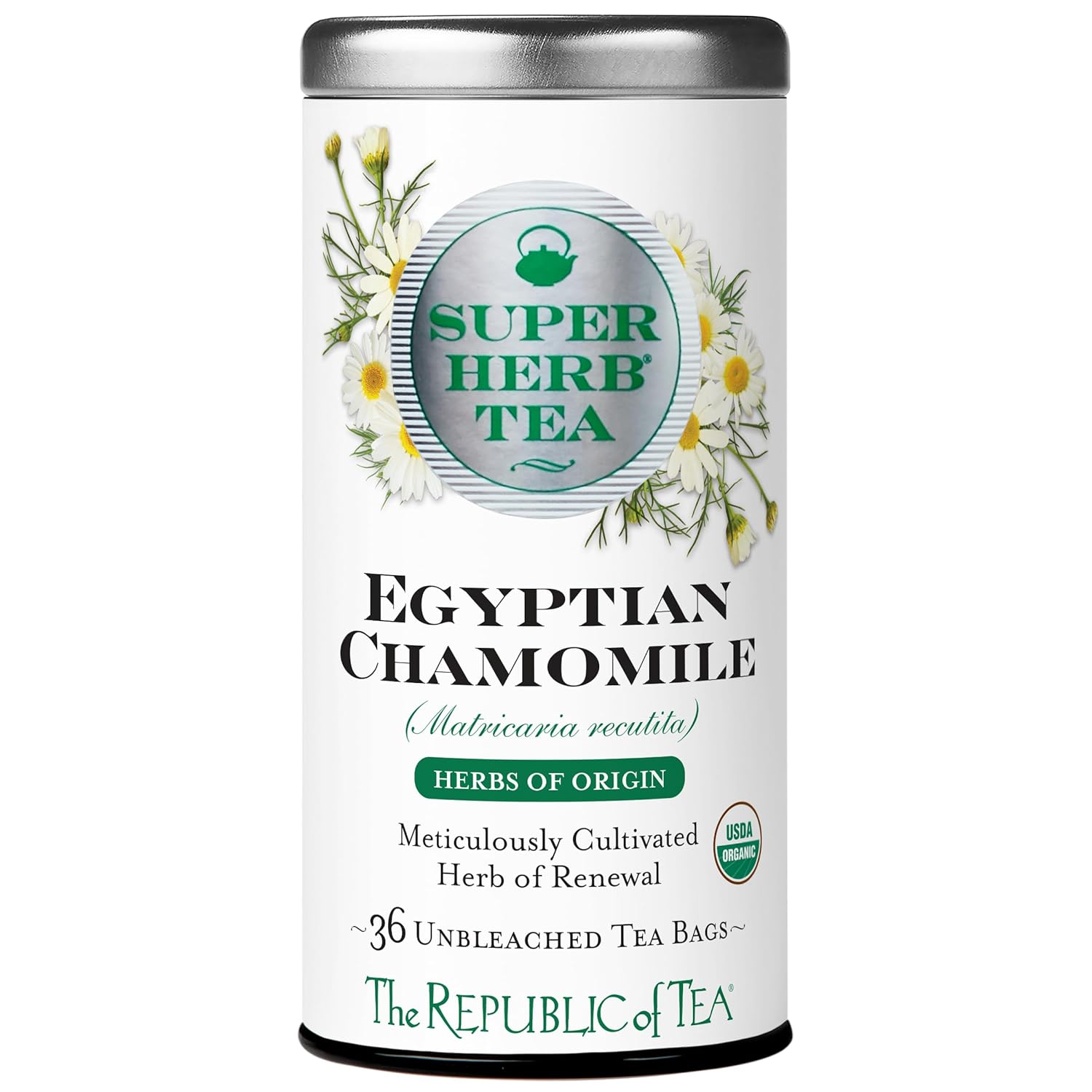 The Republic of Tea — Organic Egyptian Chamomile SuperHerb Tea Tin, 36 Herbal Tea Bags, Naturally Caffeine-Free Herbs of Origin
