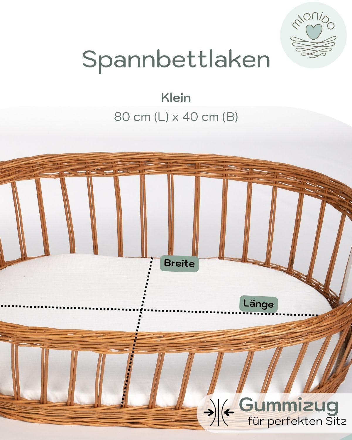 Textiles Set für Stubenwagen mit Griff klein weiß | Set aus Stubenwagen-Polster, Spannbettlaken & Himmel | 100% in Deutschland gefertigt | Ausstattung für Babynest/Bassinet