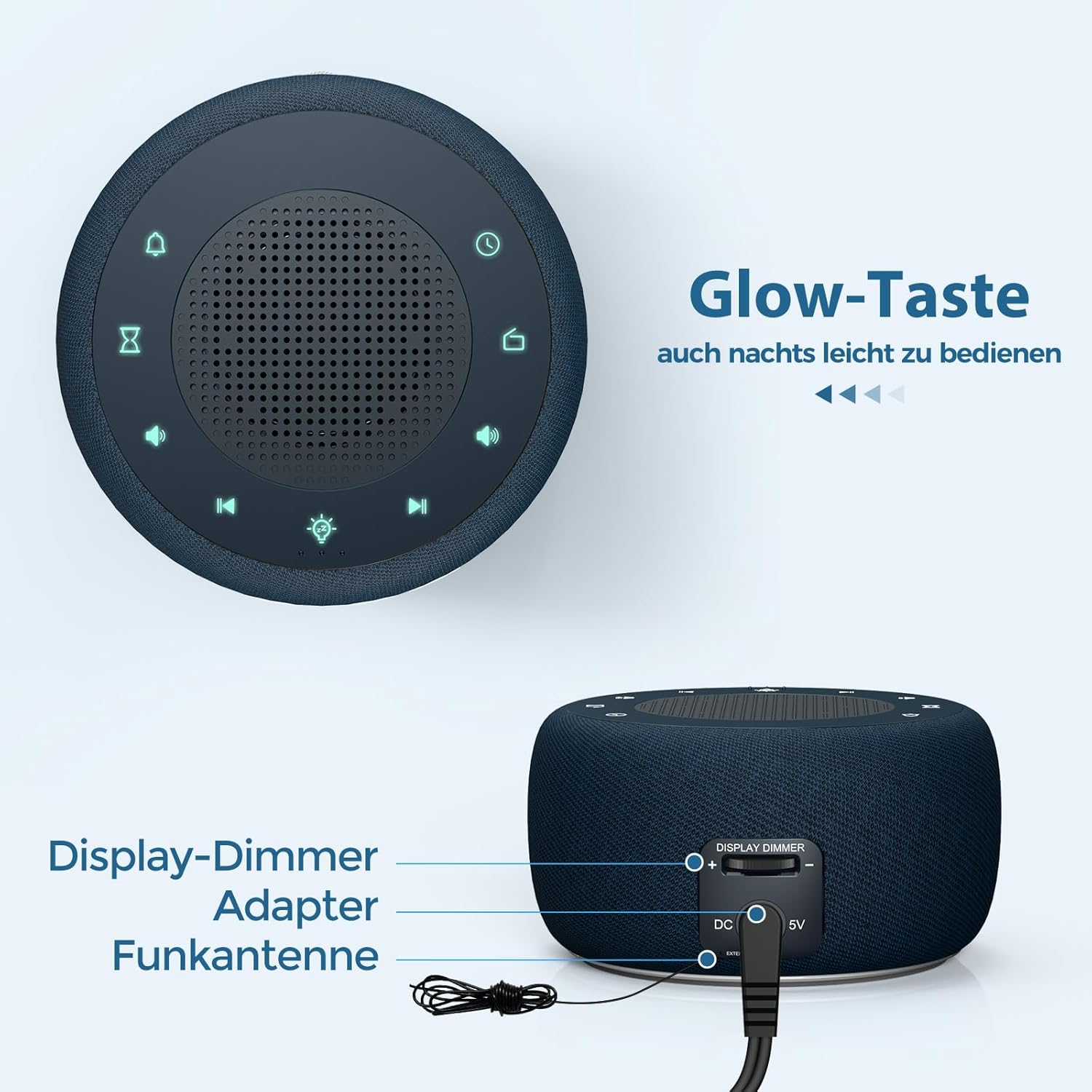 Close-up of the rear panel of the BUFFBEE RS11, indicating the display dimmer, DC 5V power adapter port, and FM antenna connection.