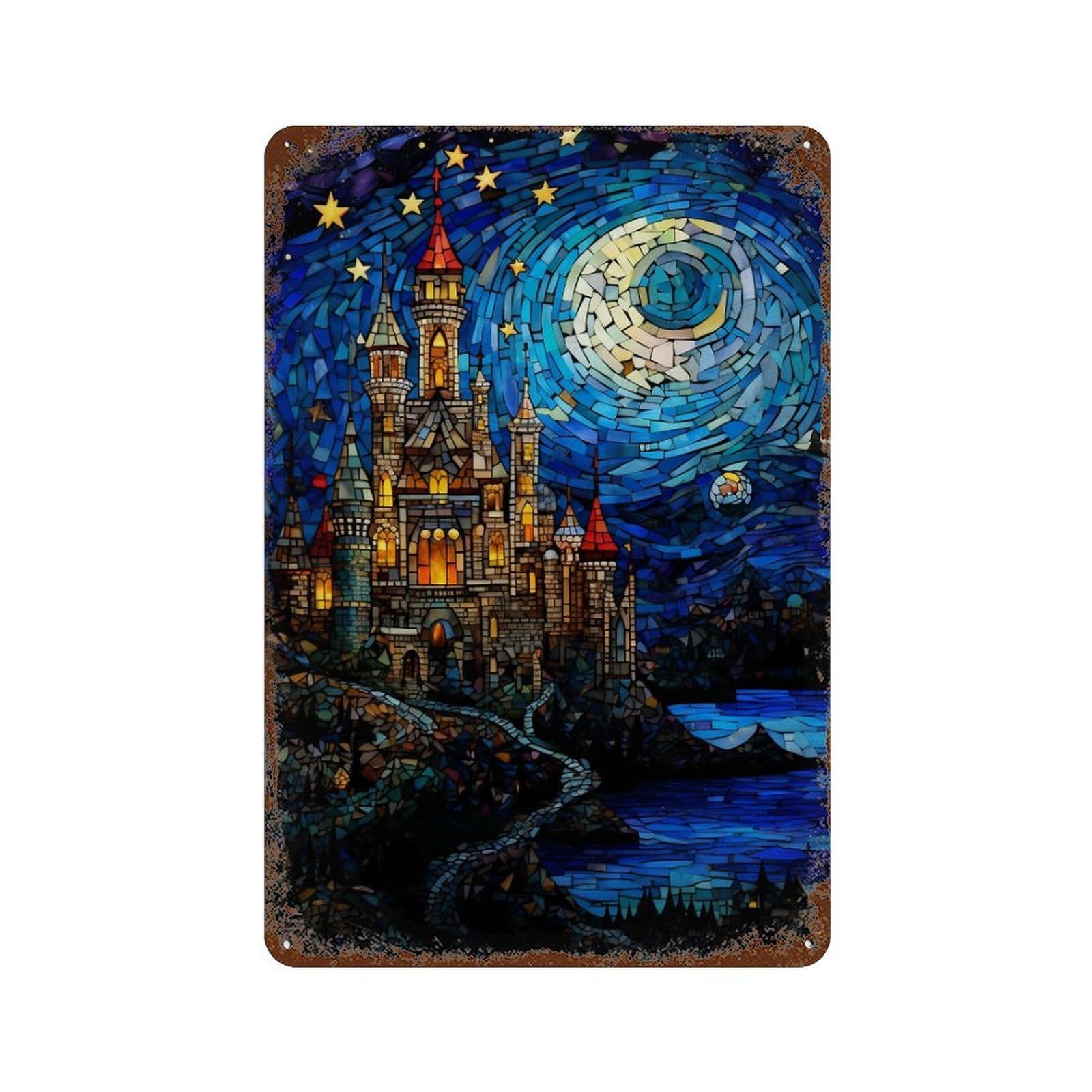 Starry Night Castle Mosaic-2 11.8"x7.9" Rustic Tin Plaque, Novelty Wall Decor for Bistro, Counter And Cafe Decor