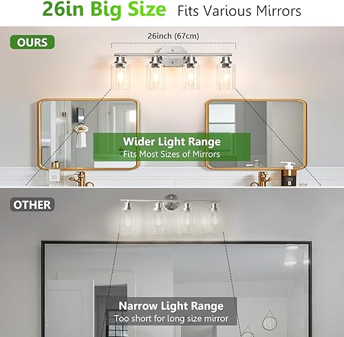 Miniatura 2 de Ascher Lámparas de baño de 4 luces, modernas luces de tocador con pantalla de vidrio transparente, lámpara de pared de níquel cepillado para espejo
