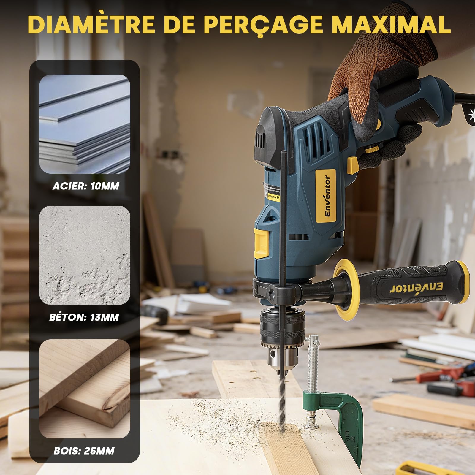 Enventor Perceuse à Percussion Filaire 750W, Perceuse électrique avec 9 Forets, Fonction 2 en 1, variateur de vitesse électronique, poignée pivotante à 360°, pour Béton, Métal et Bois