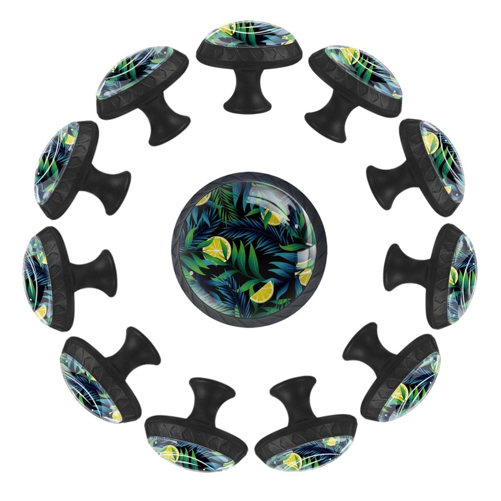 Boutons de tiroir ronds feuilles tropicales lot de 12 poignées jaunes 35 mm pour commode