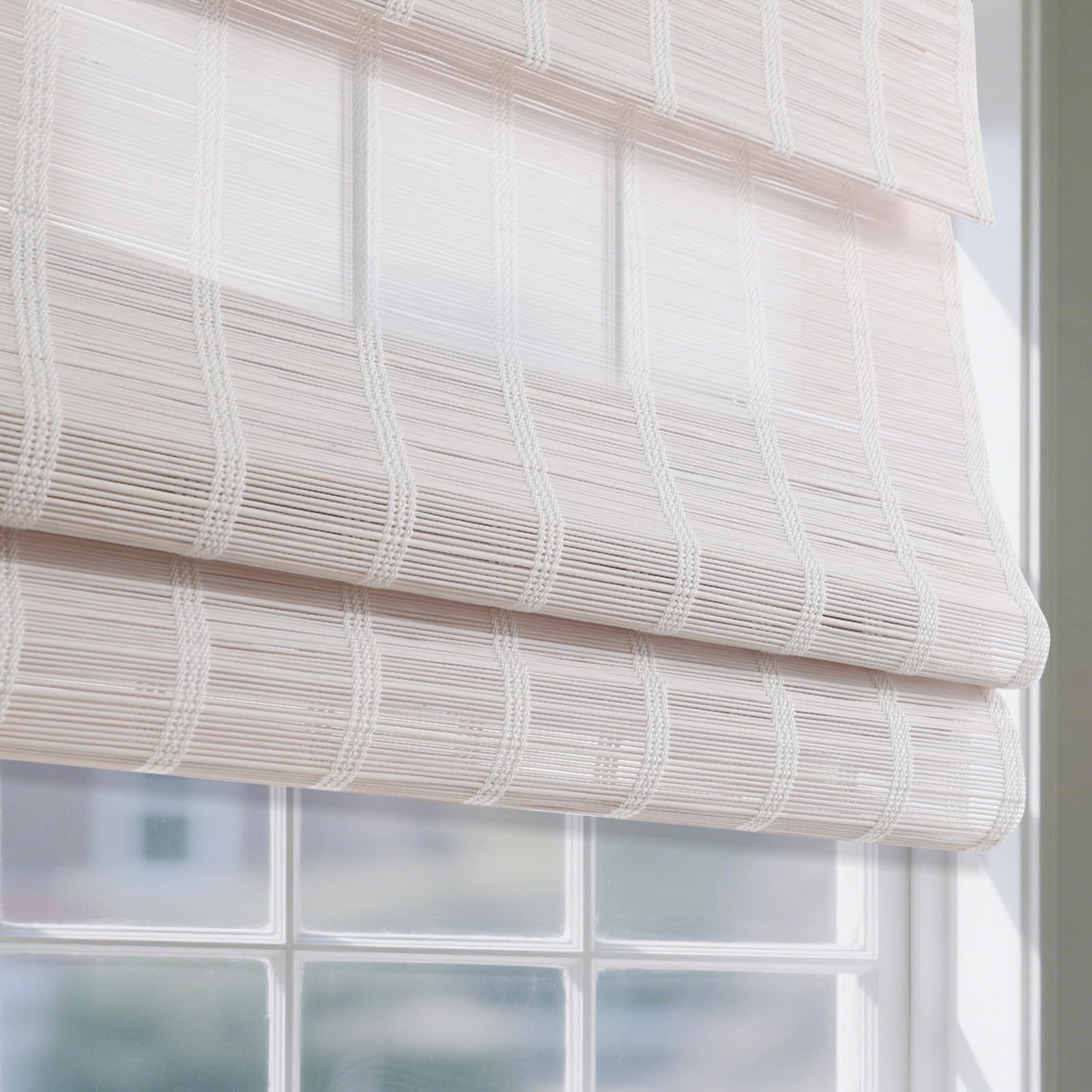 Sunbox Cordless Bamboo Roman Shade Blind, Woven Wood Roman Shades, Light Filtering Natural Bamboo Shades for Windows, French Doors, 33.5