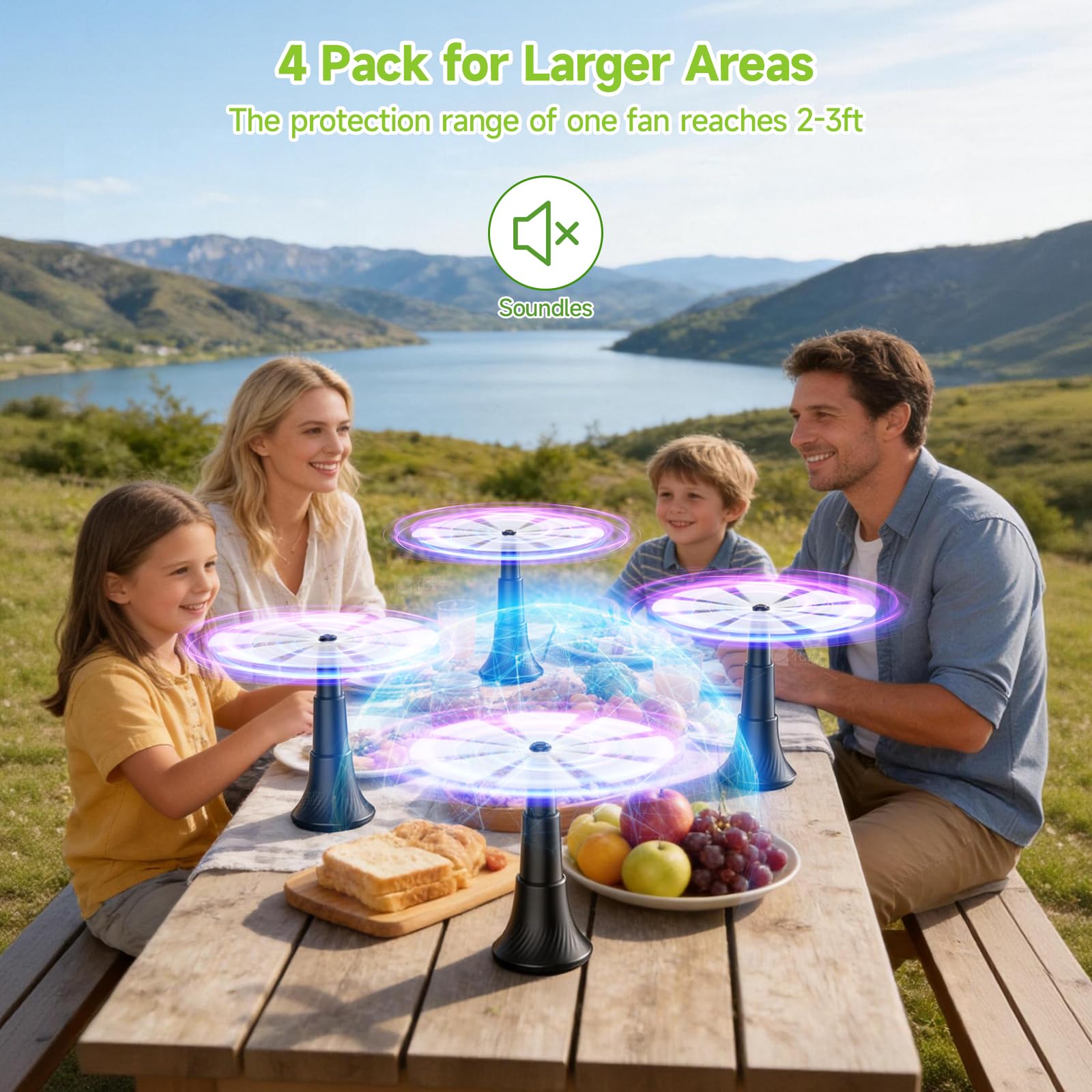 Lot de 4 Ventilateur Anti Mouche Pliable, Chasse Mouche de Table Portable avec Pales Souples et Crochet, Ventilateur Anti-Insectes pour Repas Intérieur et Extérieur, BBQ, Pique-Nique, Camping