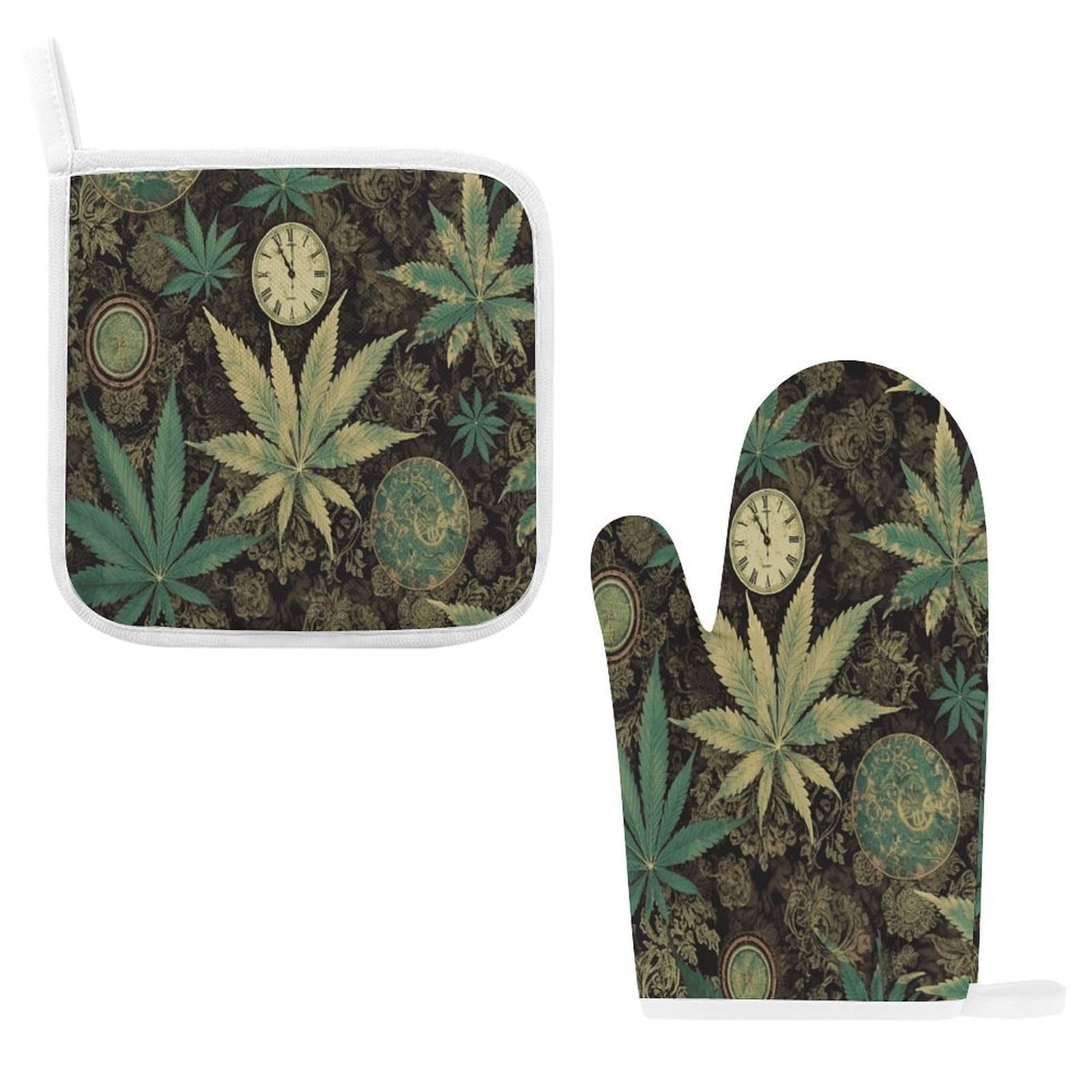 A Puff in Time Weed Marijuana Oven Mitts and Pot Holders Sets