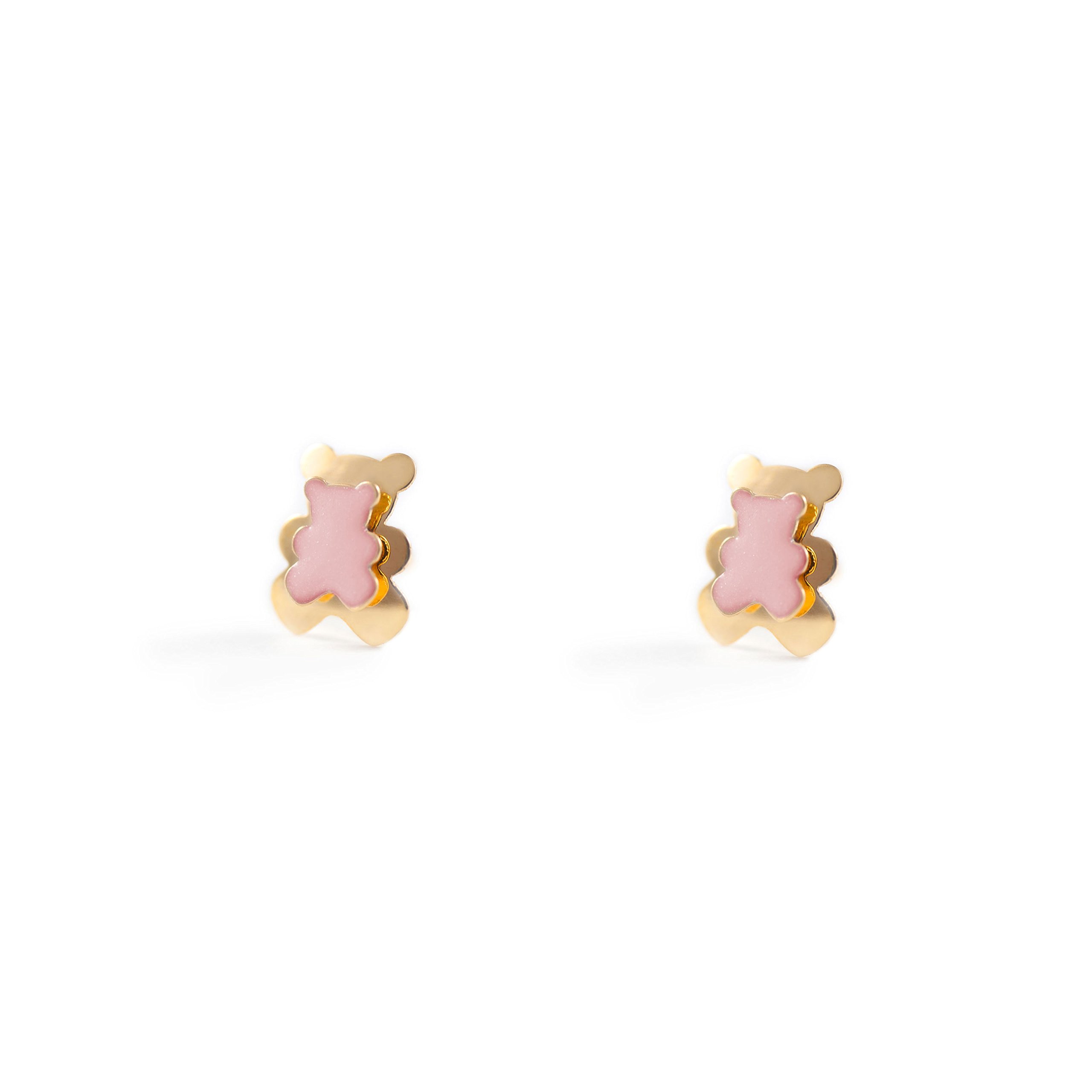 Monde Petit Pendientes Bebe o Niña Oro Oso Esmaltado Rosa