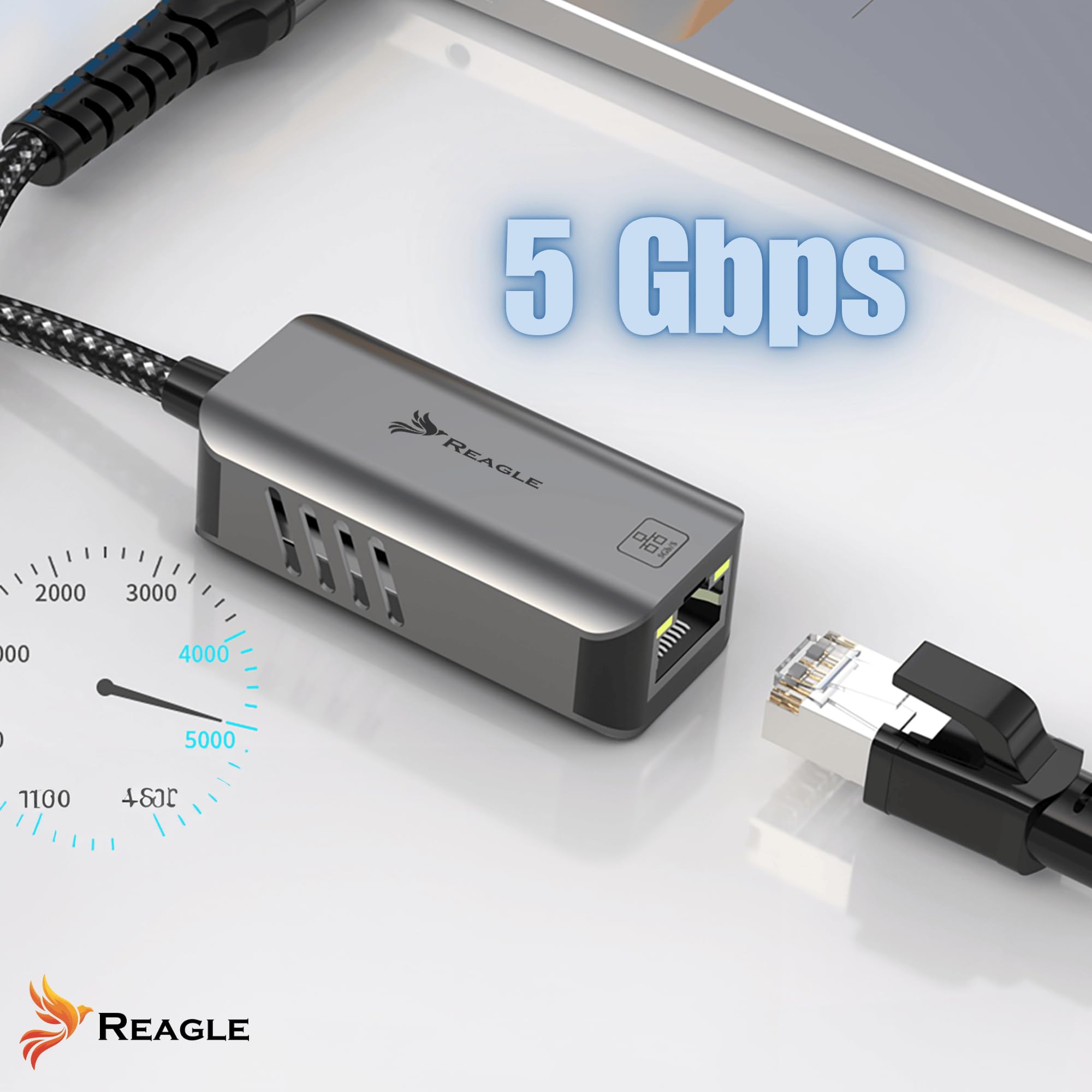Reagle Adaptateur USB-A USB-C 3.2 vers RJ-45 Ethernet - 5000 Mbps, boîtier en aluminium, affichage LED, Plug & Play, compatible avec Windows & Mac OS, Android, Linux