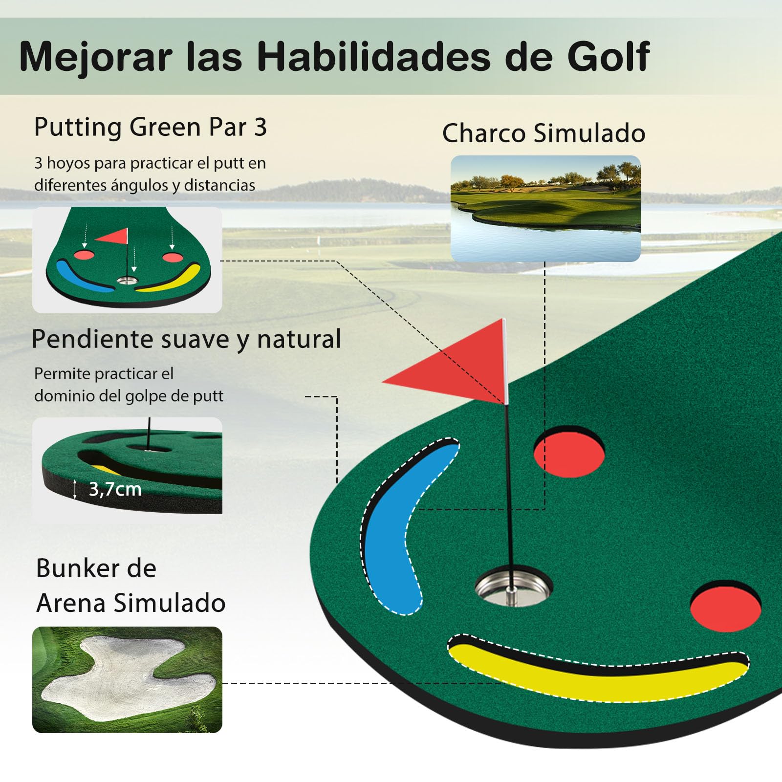 GYMAX Tapete De Golf De 3 Hoyos De 300 x 96 cm con Taza Y Bandera De Ayuda para El Entrenamiento, Tapete De Entrenamiento De Práctica De Golf Portátil para Interiores Y Exteriores