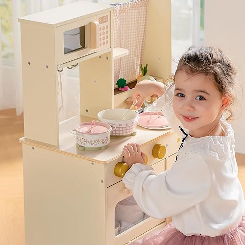 Vista 5 de ROBOTIME - Juego de ollas y sartenes de juguete para niños – 9 piezas de accesorios de cocina de juguete con utensilios de cocina de metal y bolsa