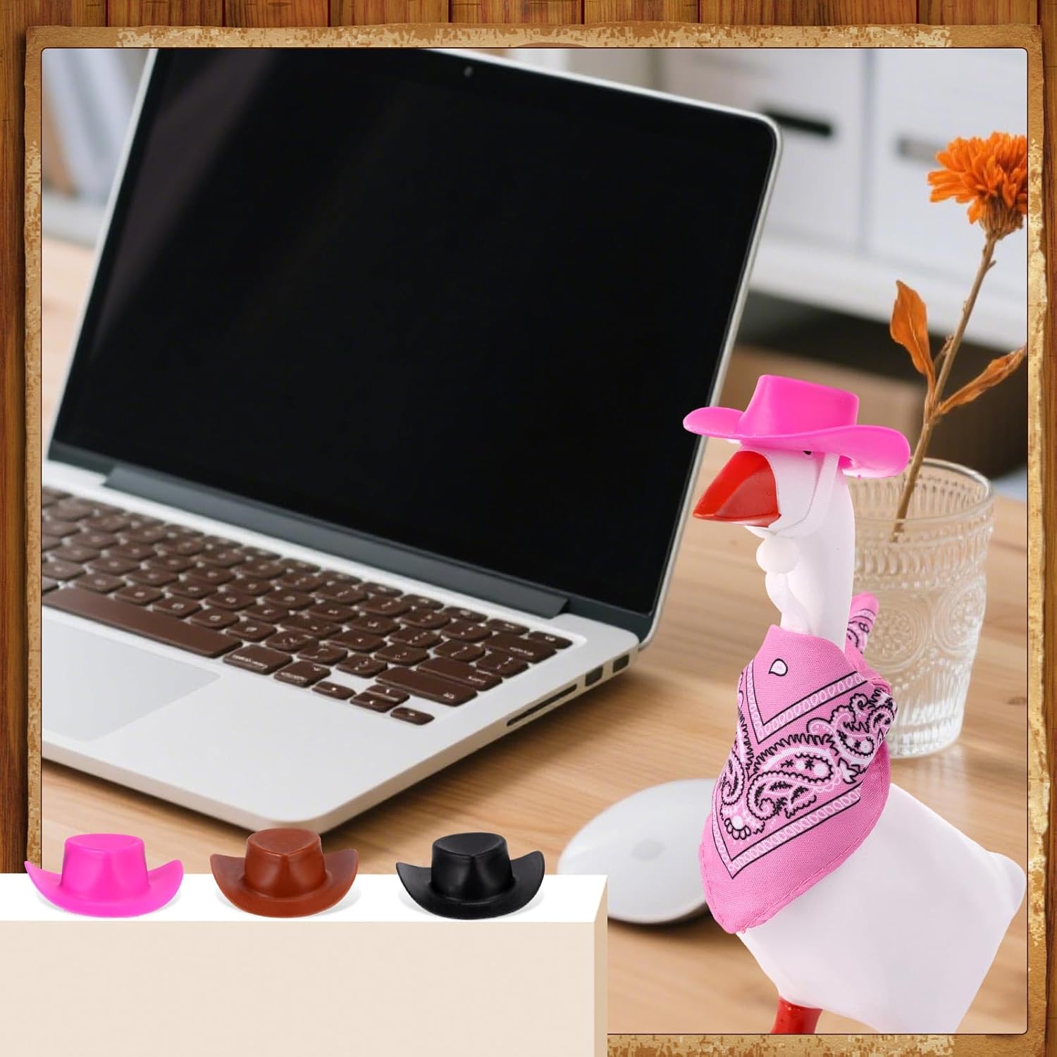 3 Sets Cowboy Desk Goose Outfits, Plastic and Polyester Western Cowboy Mini Desk Goose Costume Including Hats and Bibs for 7 Inches Table Geese Decor