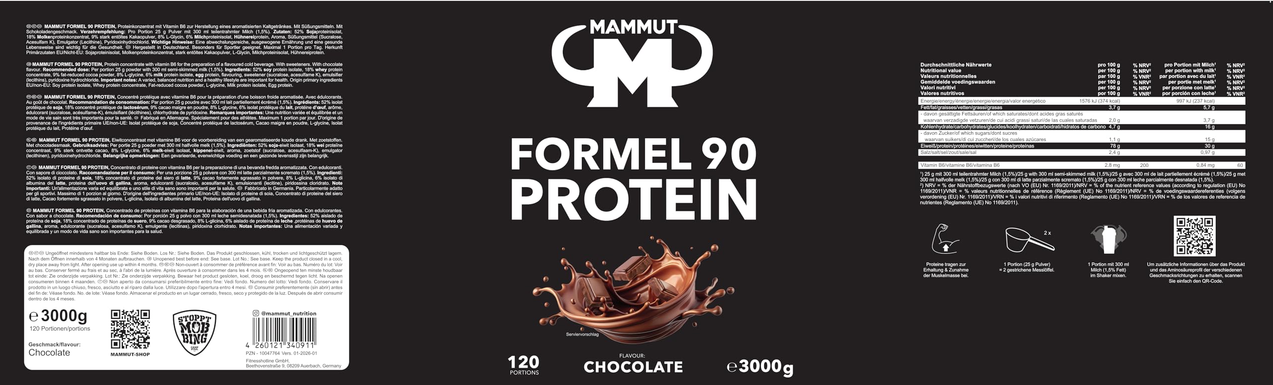 Mammut Nutrition Formel 90 Proteinpulver Schoko – 3kg – 4-Komponenten Whey Protein Pulver mit Sojaproteinisolat, Milchprotein, Eiprotein & Vitamin B6 – 77% Eiweiß