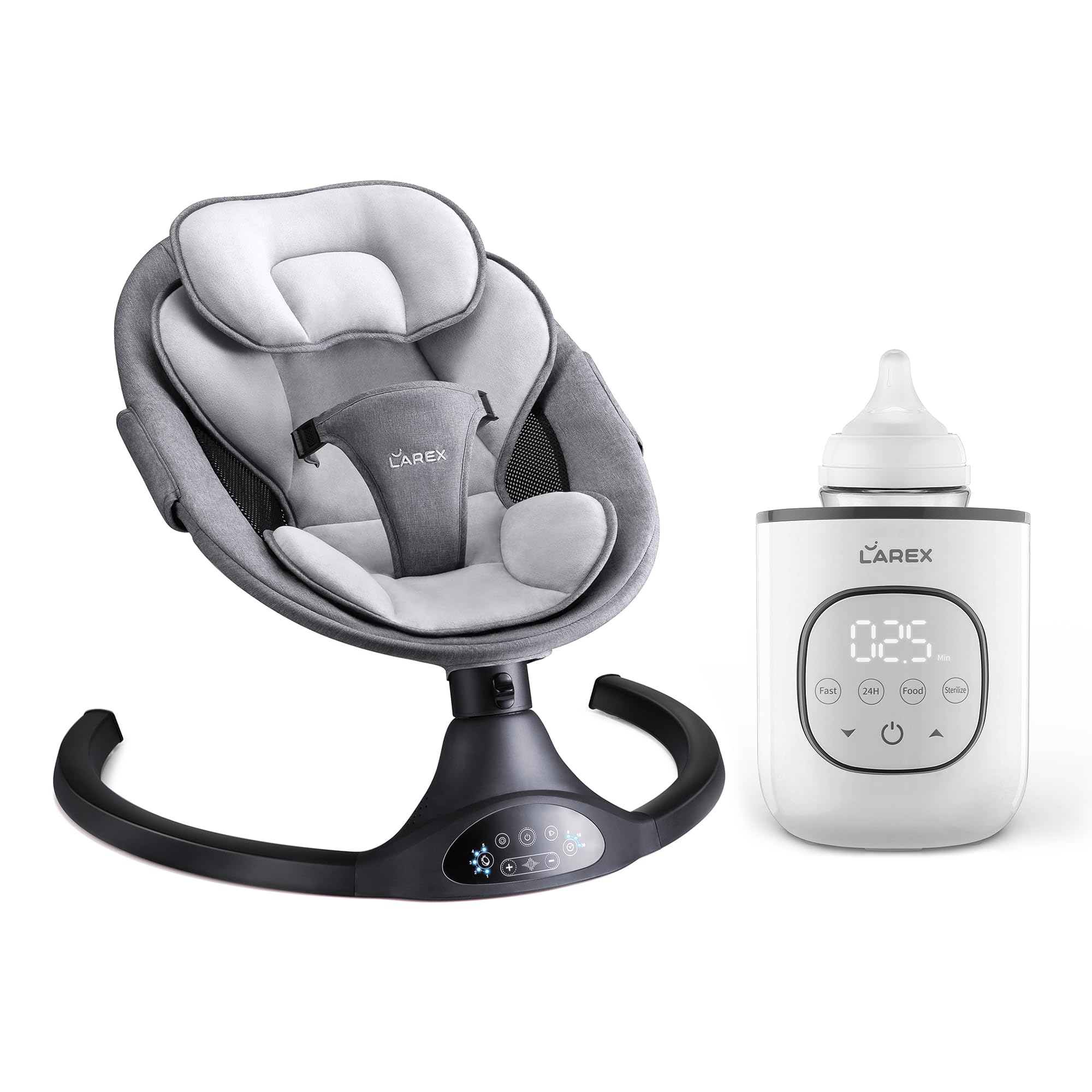 LarexElectric Baby Swing for Infants & Bottle Warmer Remote Control Indoor Baby Rocker with 5 Sway Speeds,1 Seat Positions Fast Baby Bottle Warmer for Breastmilk and Formula