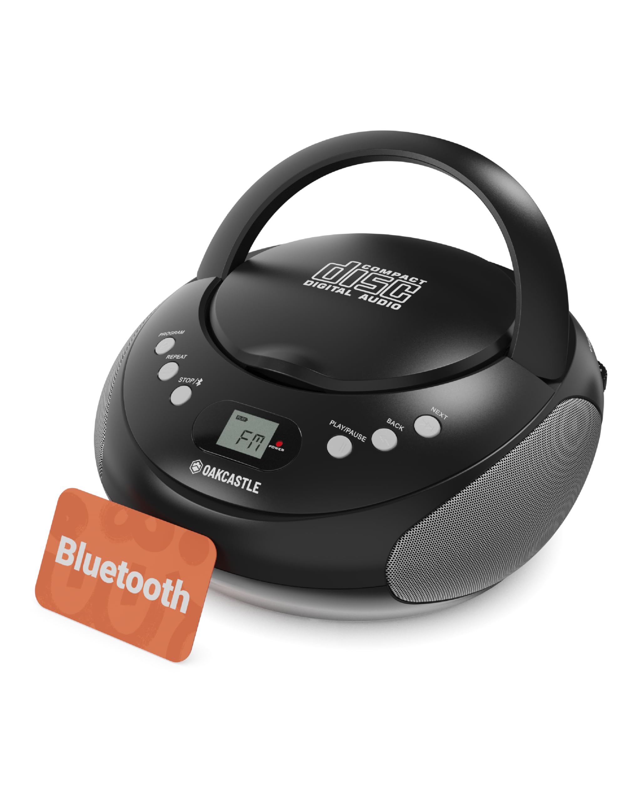 Boombox CD Bluetooth Portable avec Radio FM | CD, CD-R, CD-RW | 30 présélections | Commandes faciles, écran LED, Prise Casque | OAKCASTLE CD250 (Noir)