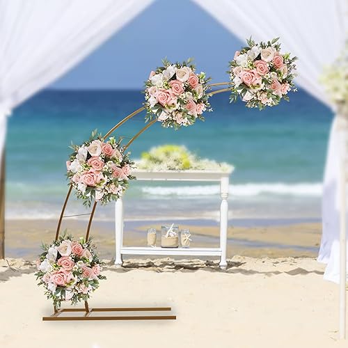 Miniatura 4 de Arco de boda dorado de luna creciente de 6.5 pies, diseño curvado de metal, soporte de telón de fondo para fotografía, marco de globo de flores,