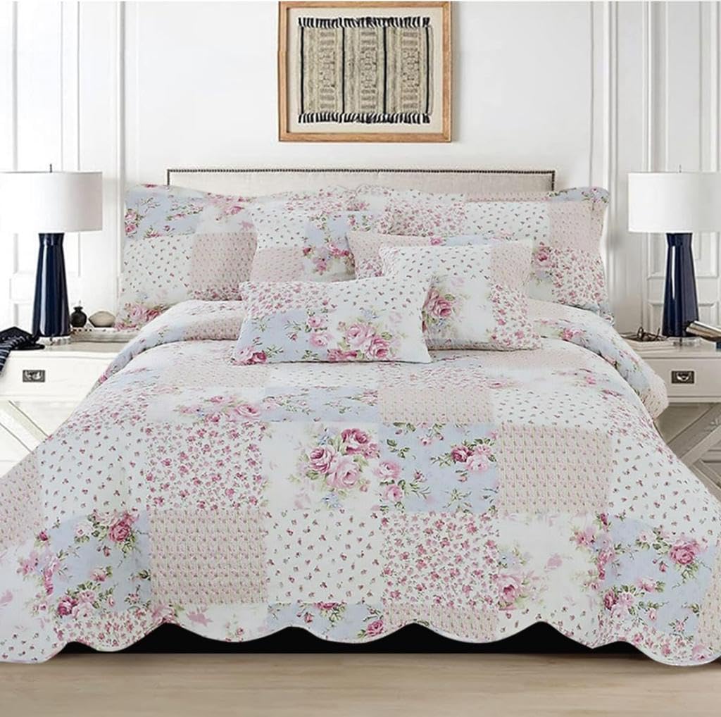 3 PCS Patchwork Bedspread Quilted Bed Throw Single Double King Size Bedding Set (Meadow, Double)